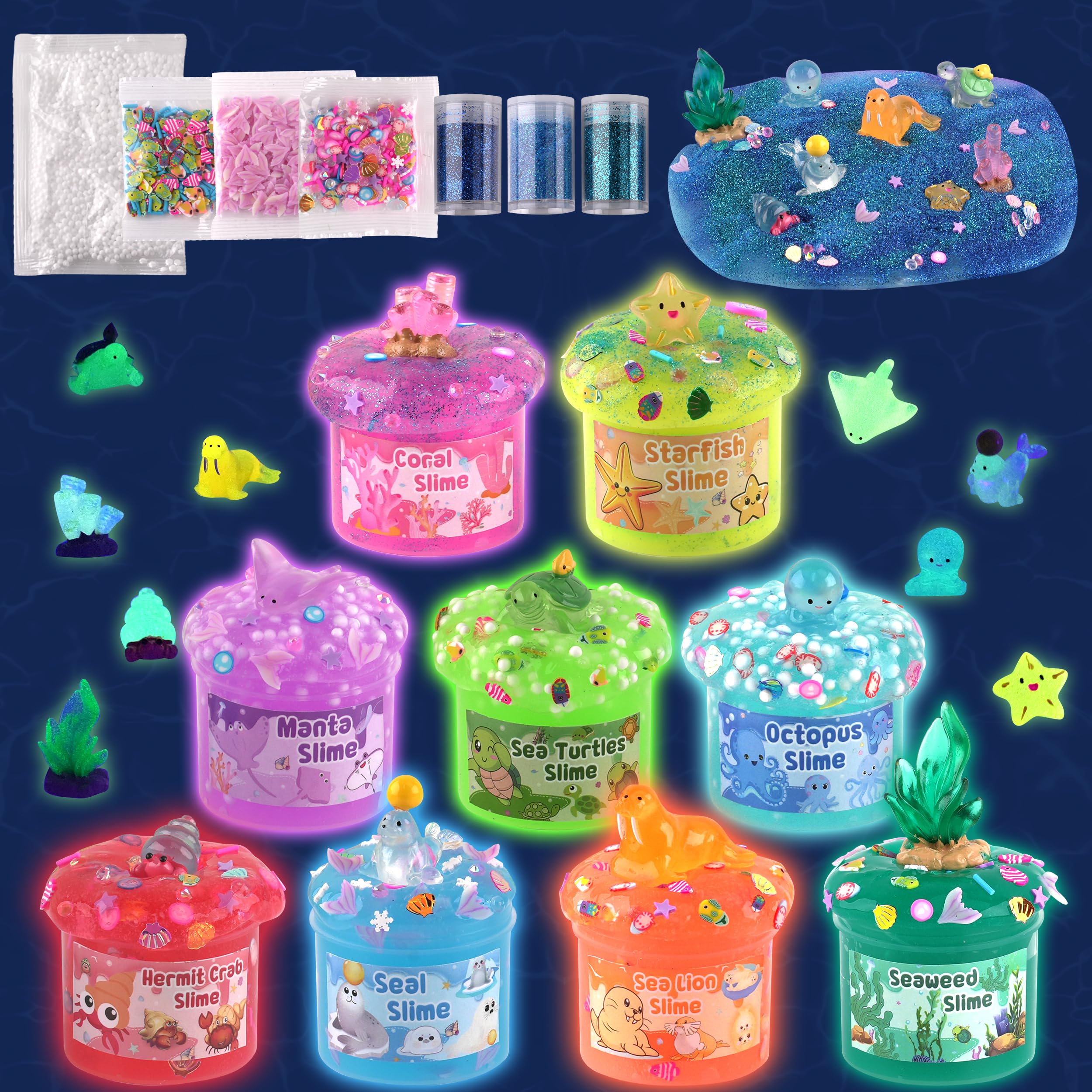 Photo 1 of Ocean Glow in The Dark Slime Kit 9 Pack, with Deep Sea Slime Charms, Sensory DIY Rainbow Slime for Kids, Glow Party Favors for Girls & Boys, Halloween