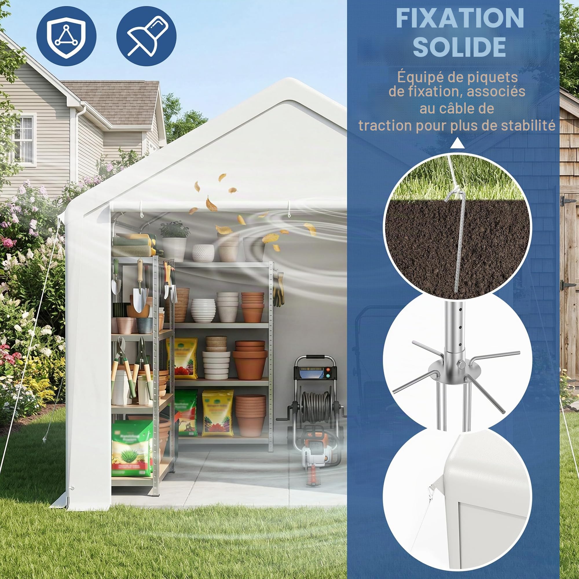 ACXIN Rideau de rangement robuste pour hangar de jardin avec cadre en acier et bâche en polyéthylène pour outils, voiture, blanc, 4 m x 6 m