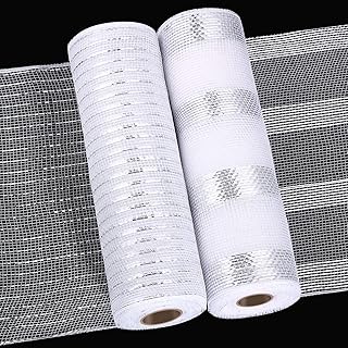2 Pack Mesh Decor Poly Ribbon for Independence Decoration Wreath Garland 10 Inch x 30 Feet Fourth of July Metallic Poly Mesh Ribbon Patriotic Stripe Party Favor (Metallic Foil White, Silver and White)
