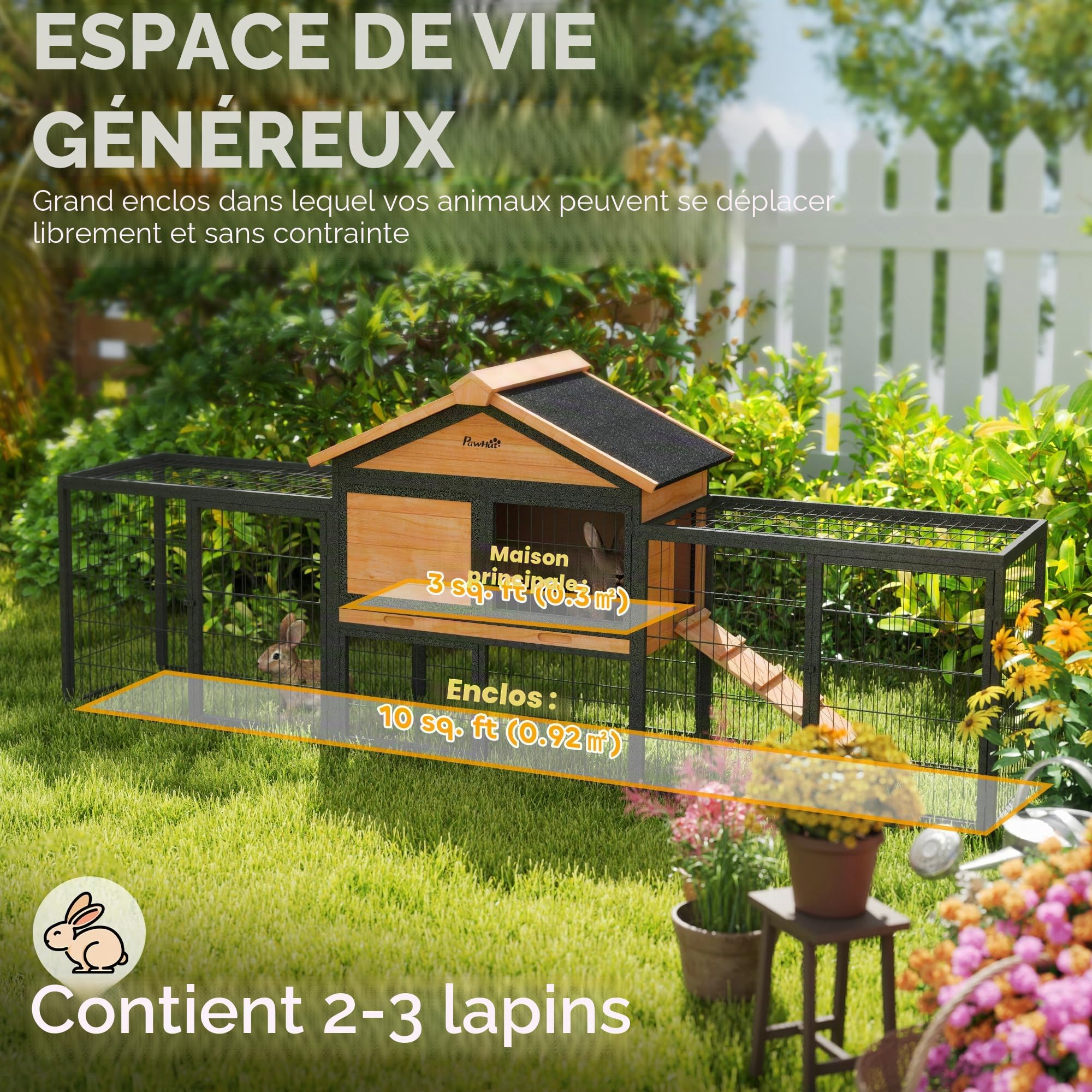 PawHut Clapier pour lapins 2 niveaux avec toit à deux pentes Clapier en bois massif résistant à l'hiver Maison à deux niveaux avec enclos 217x53x86 cm Cage à lapins extérieure Clapier pour petits