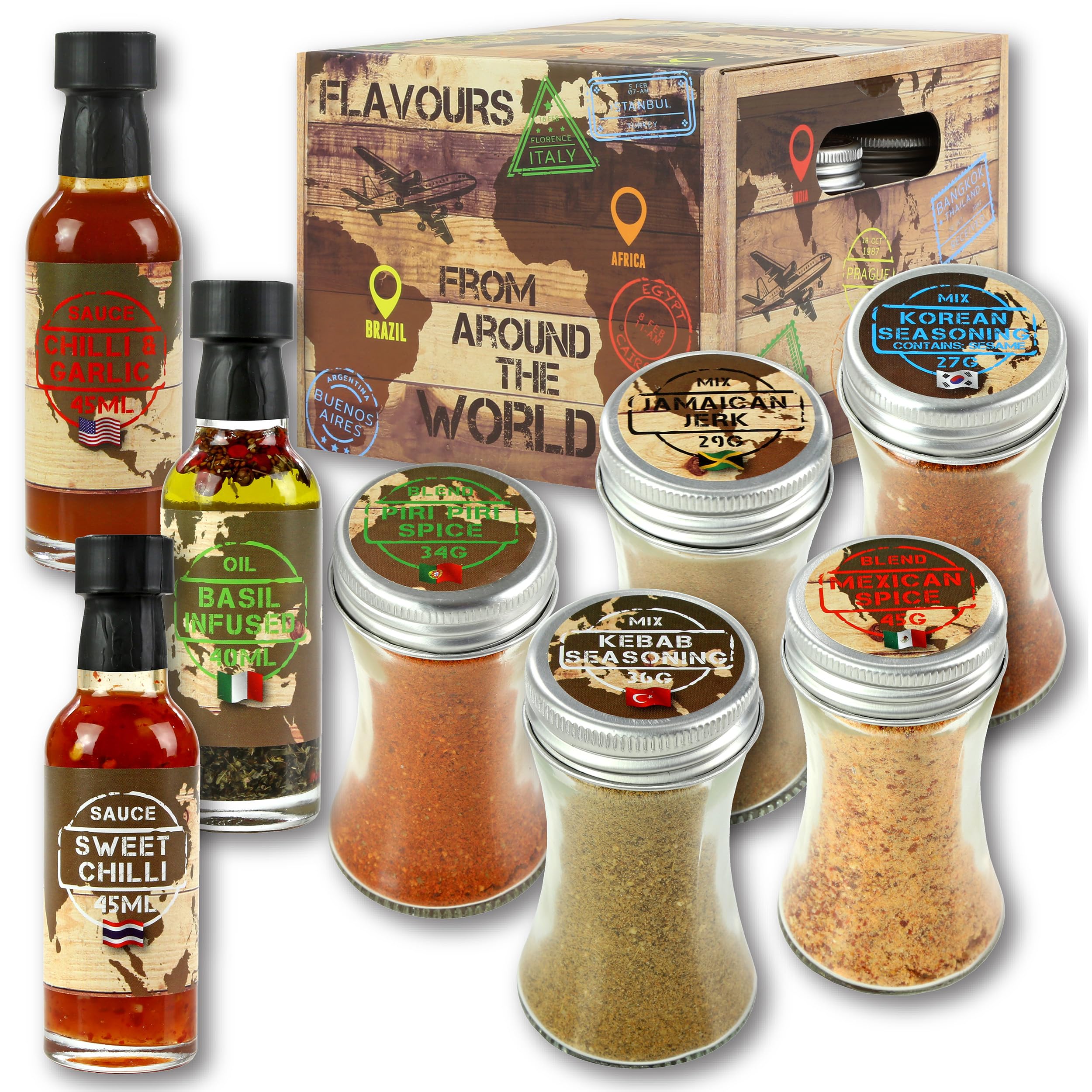 Kimm & Miller Around The World Seasoning Set - 9 Sauces Oils & Spices for Cooking - Korean BBQ Rub, Fajita Seasoning, Jamaican Blend, Sweet Chilli Sauce & More - Cooking Gifts for Men & Women