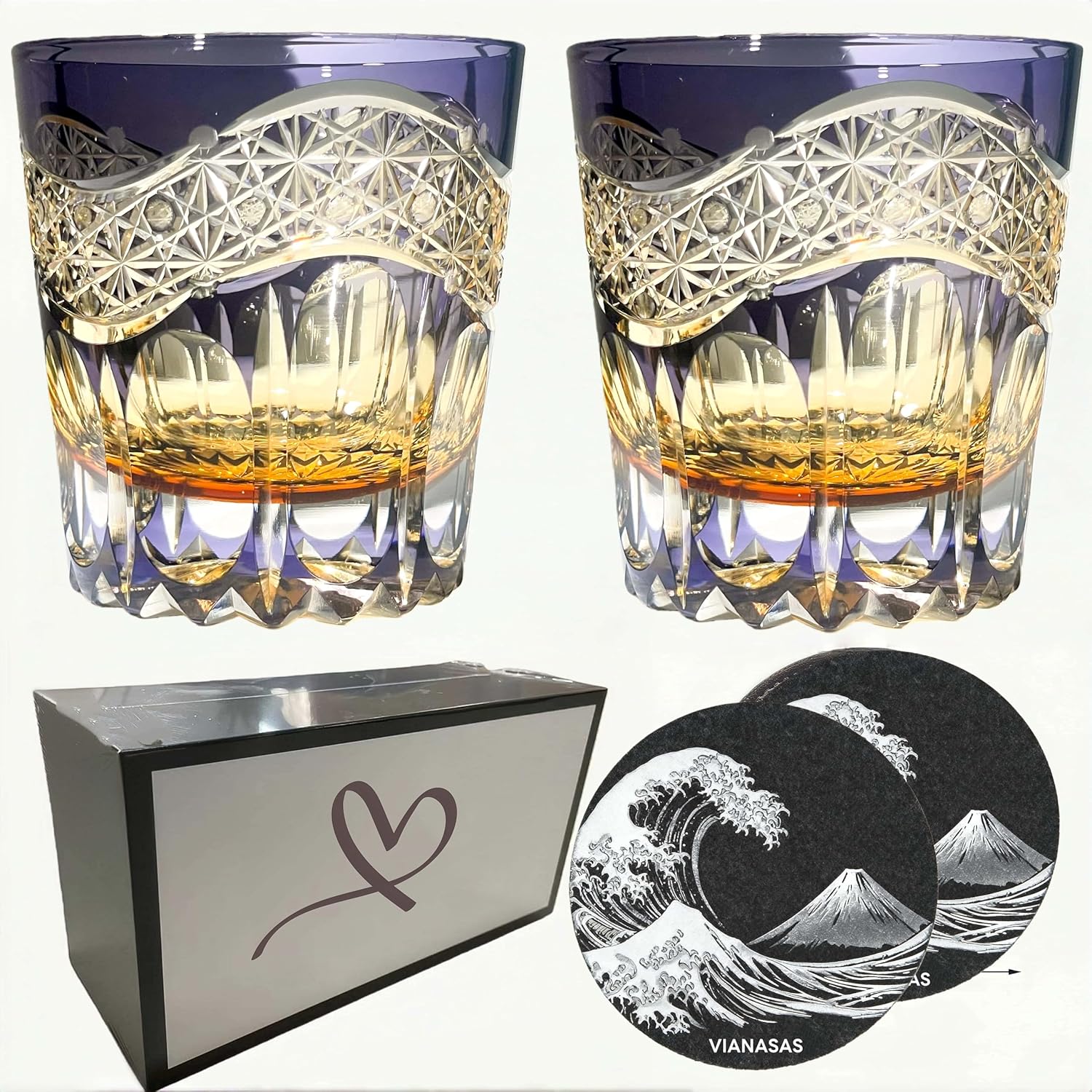 suigetsu Edo Glass Edo Kiriko Crystal Whiskey Glass, Hand Cut Japanese Glassware with Blue Accent, Textured Geometric Pattern Set Of 2（Purple Dream）