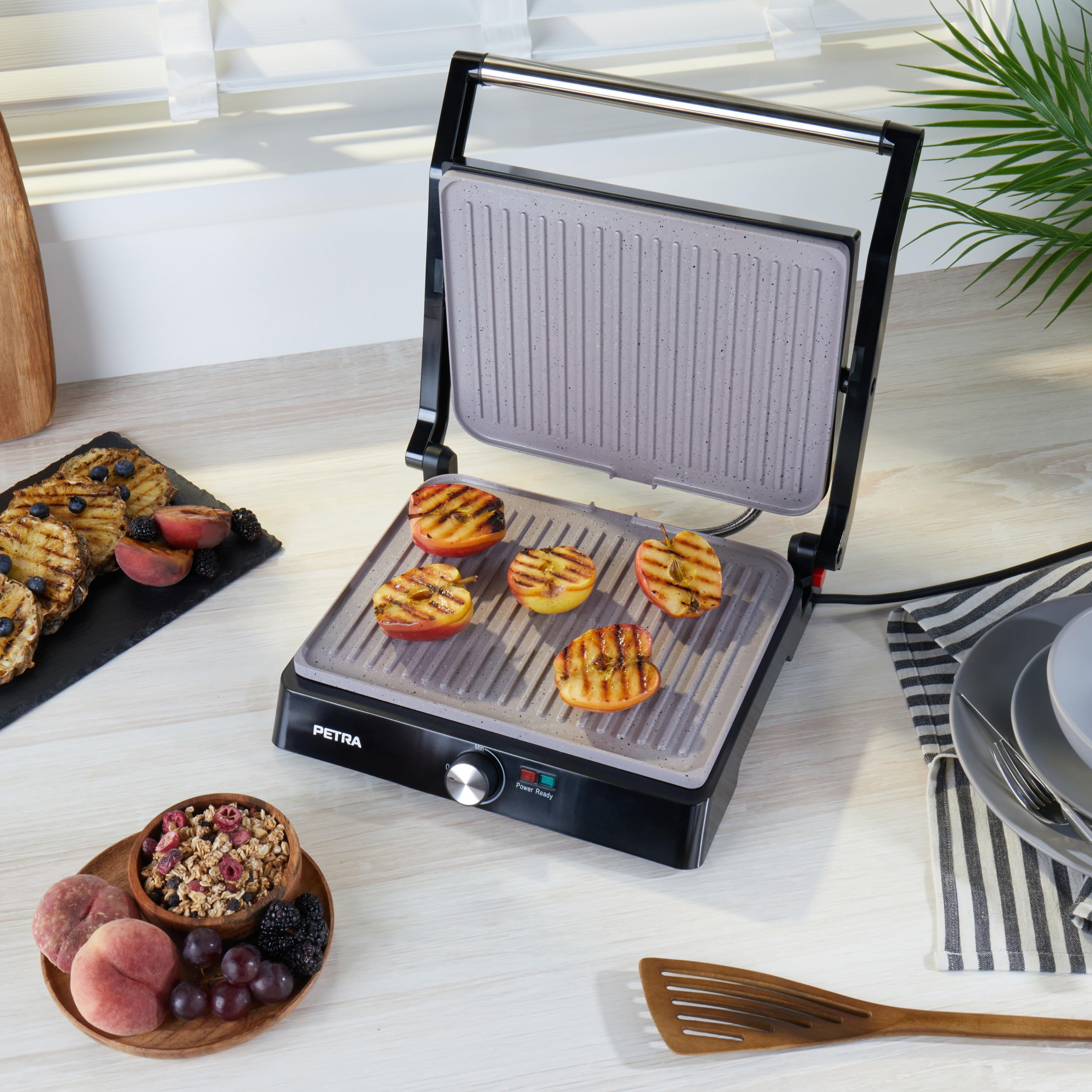Petra PT4076VDEEU10 Griglia elettrica - Multifunzione presse per panini sandwich, doppia XL 180°, antiaderente, 2 superfici di cottura per verdure, carne e spiedini, non necessita di olio, 2200 W