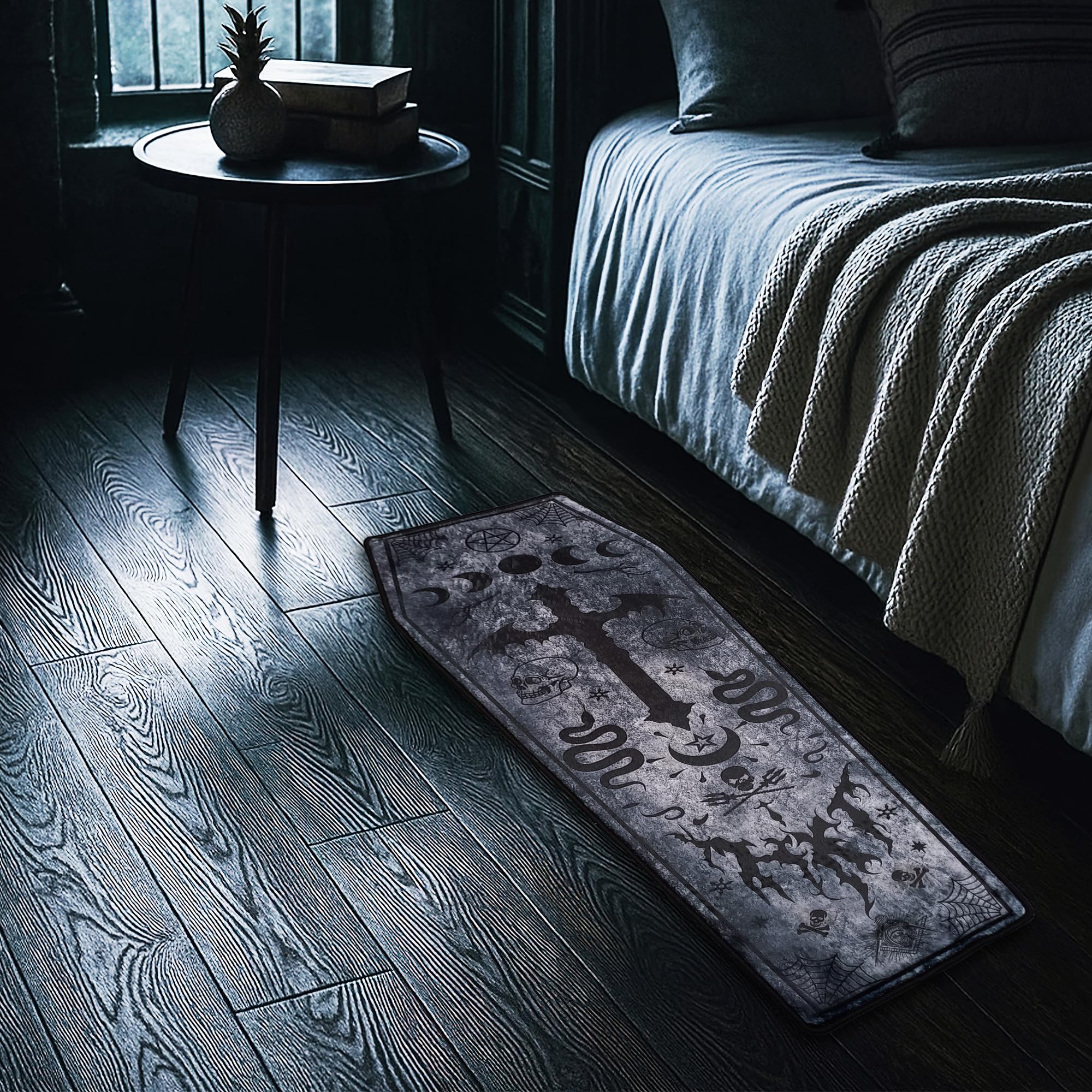 Lumirug Coffin Shaped Plush Rug Gothic Tattoo Style Floor Mat Alternative Halloween Decor Nonslip Machine Washable Soft Accent Carpet 90x180 cm