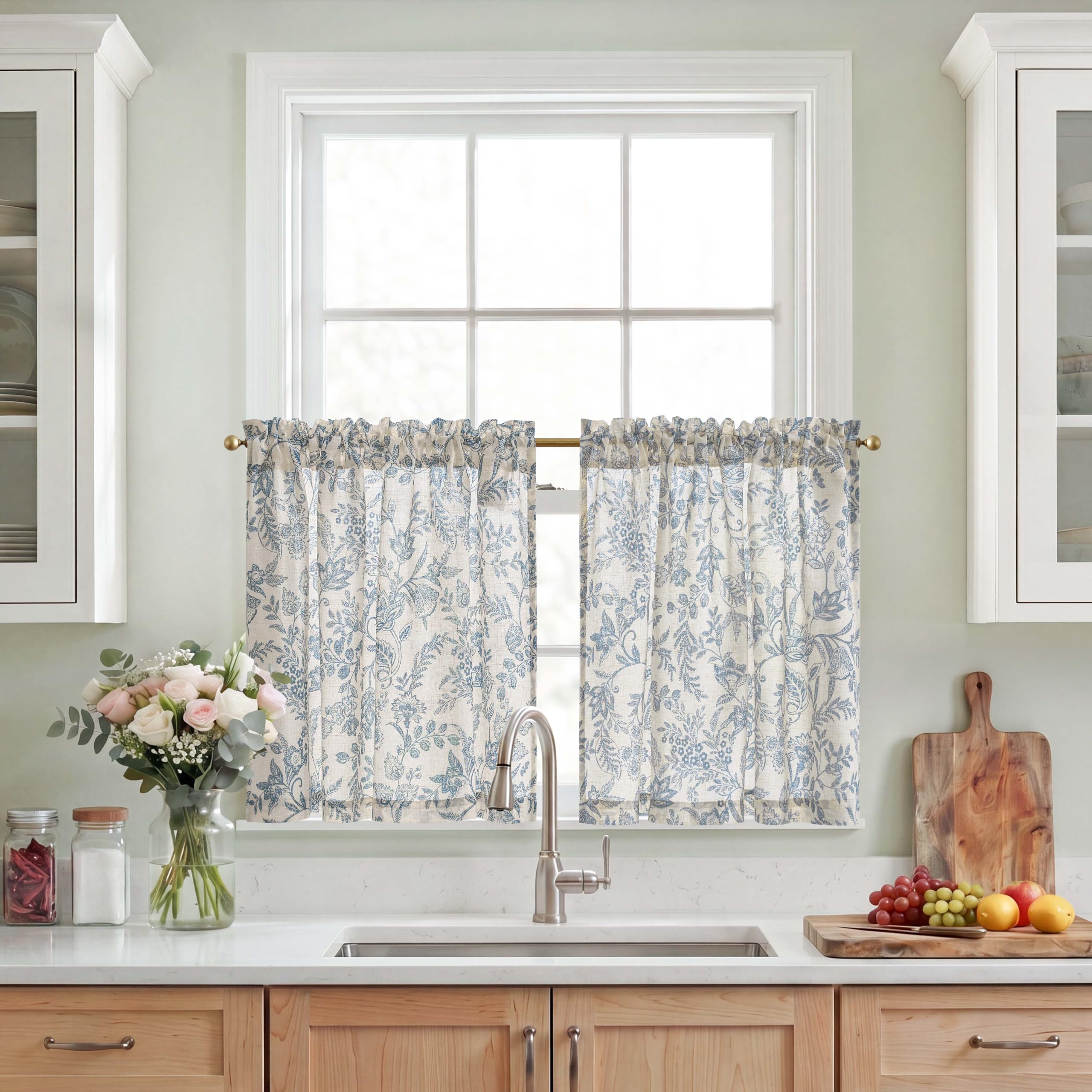 TOPICK Kitchen Curtains 24 Inch Drop with Botanic Blue Floral, Linen Look Short Cafe Curtains, Light Filtering Small Window Curtain Tiers for Cupboard Base, Sink, Basement, Bistro, W36 x L24 Inch