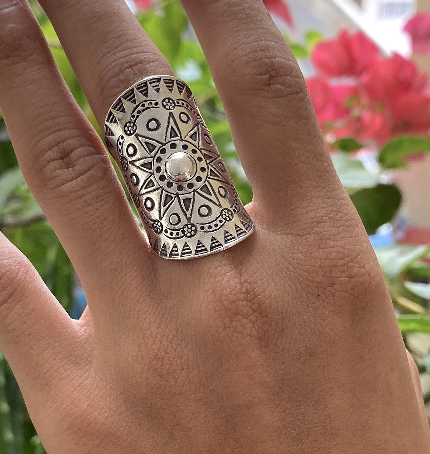Handmade Sterling Silver Boho Wide Statement Ring with Oxidized Solar Star Mandala Pattern, Adjustable to sizes 6-11, Gypsy Tribal Hippie Symbolic Sun Ring, Gift for Her - Image 4