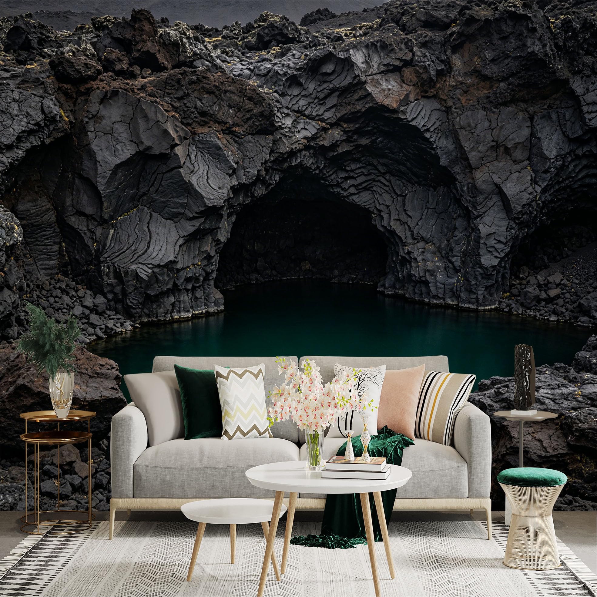 Lnzczhyre Dbh260521454 Custom Size Wall Sticker Mural， Volcanic Rock Cave， Turquoise Lagoon， Dark Basalt Formation， Geological Wonder， For Wall Decoration， Peelandstick Wall Decals.