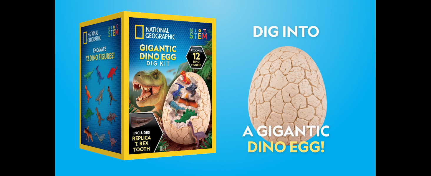 Kit de déterrage de œufs de dinosaures géants NATIONAL GEOGRAPHIC - Exhumez 12 figurines & réplique de dent de T. Rex d'un bloc géant de 15 cm, œuf de Dino, Kits scientifiques