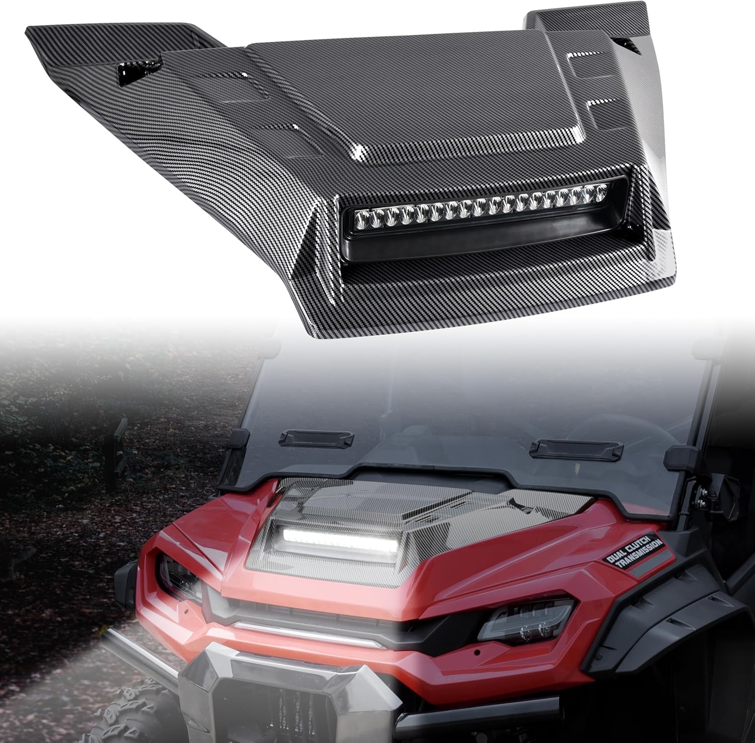 SAUTVS Hood Scoop with LED Spotlight for Honda Pioneer 1000, Carbon Fiber Pattern Hood Scoop with Auxiliary Light Front Hood Cover with Lamp for Honda Pioneer 1000 1000-5 1000-6 2016-2025 Accessories