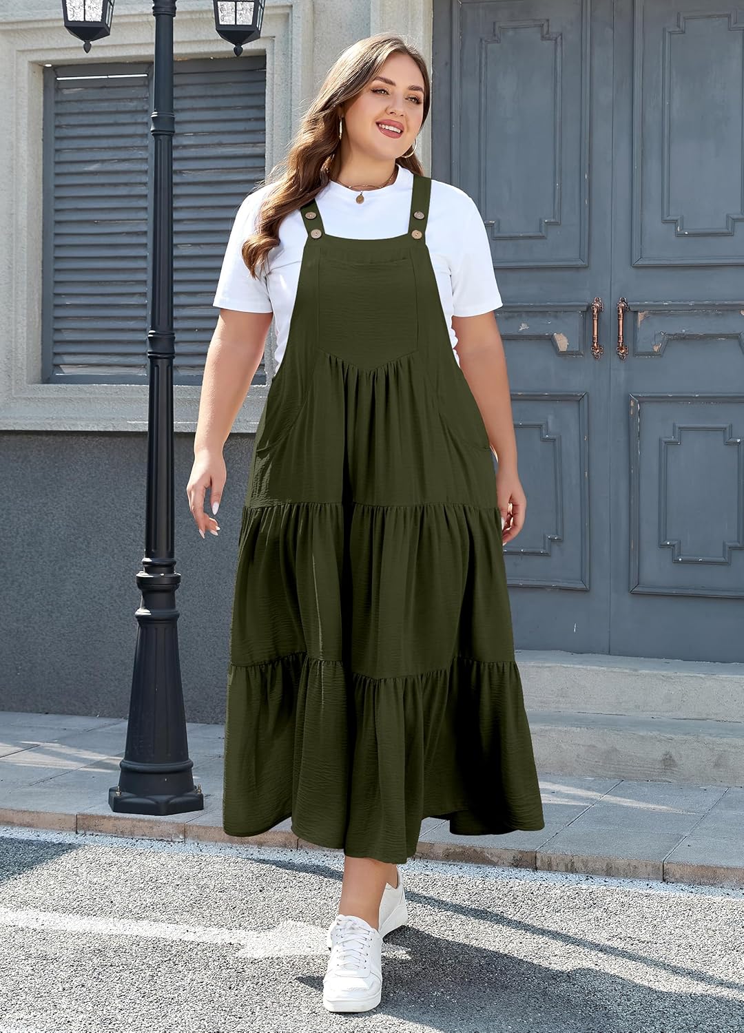 Moon Wood Plus Size Overall Dress for Women Jumper Dress with Pockets Summer Casual Suspender Straps Tiered Maxi Dress - Image 4