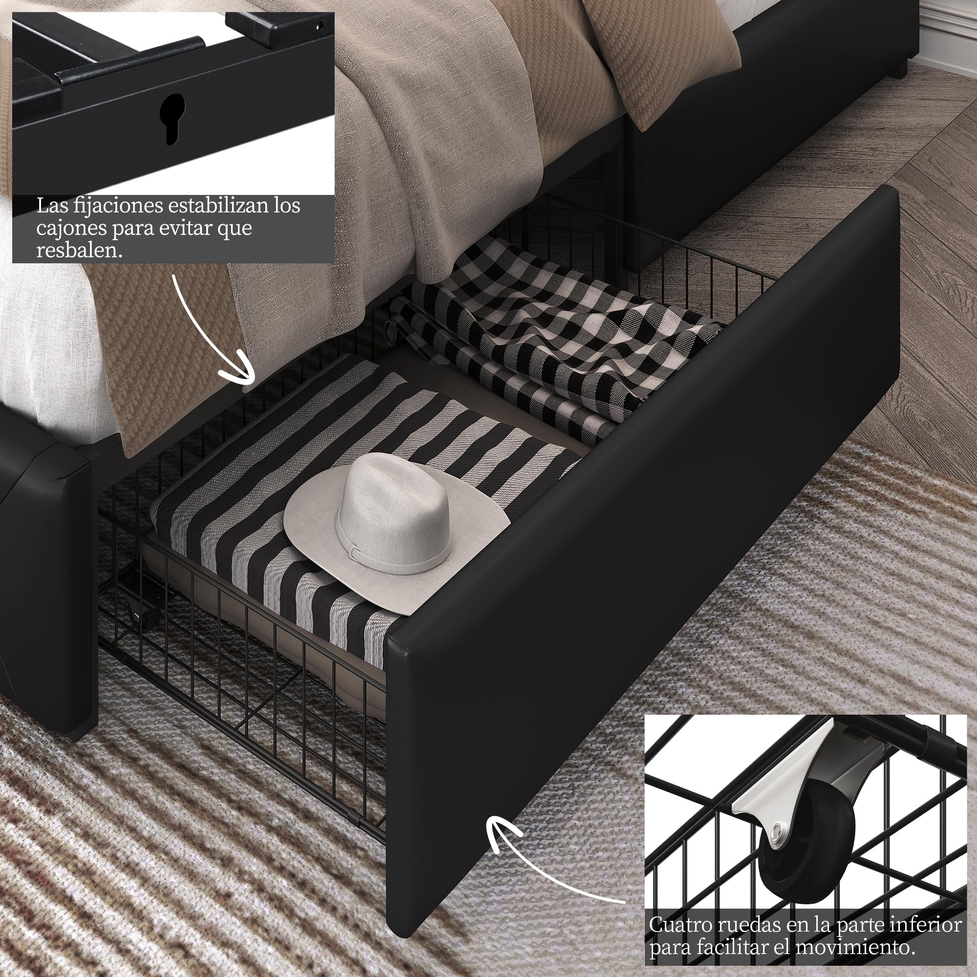 Yaheetech Cama Tapizado con Cabecero Ajustable en Altura 2 Cajones con Ruedas Espacio de Almacenamiento Cama Doble Matrimonial 160 x 200 cm Negro