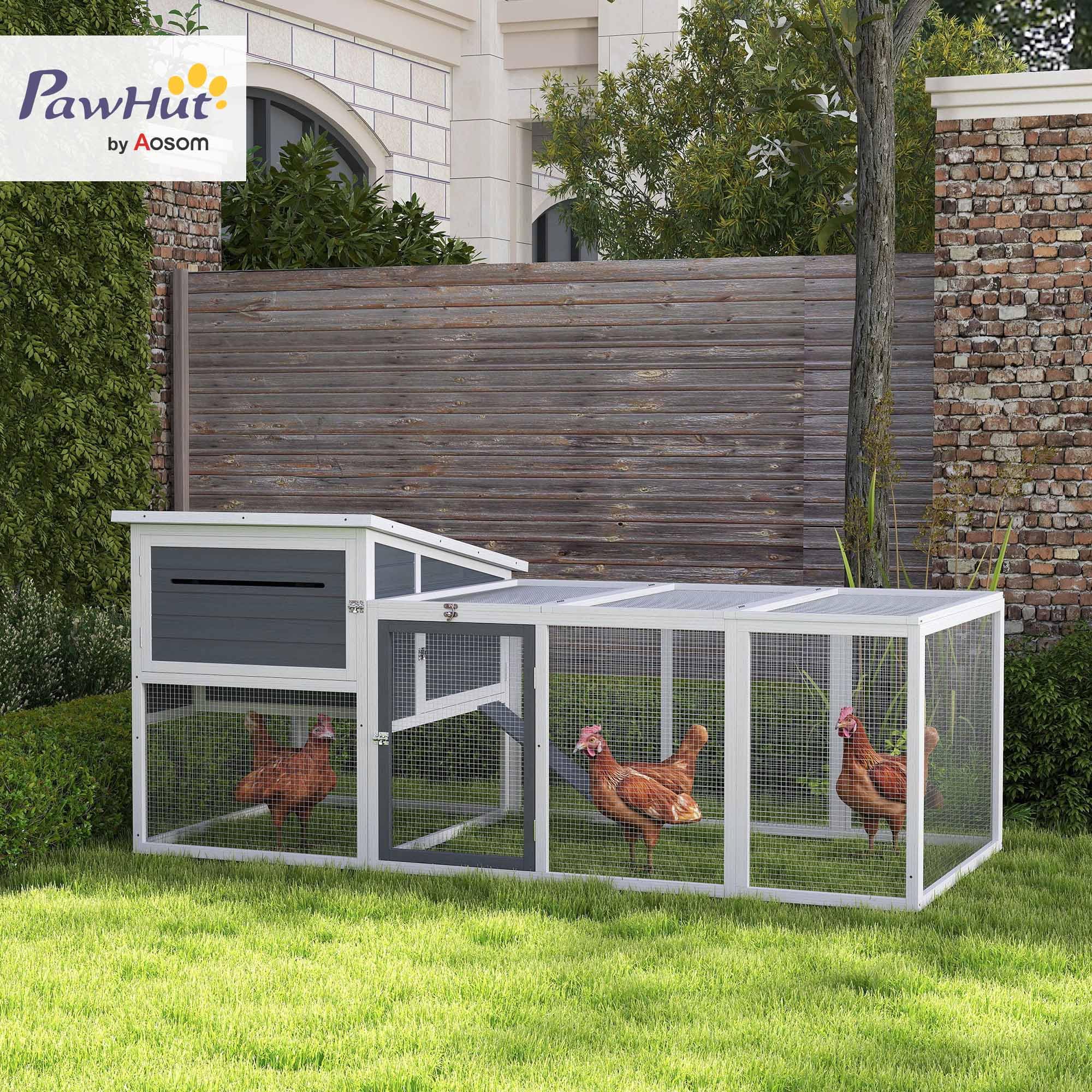 PawHut Pollaio per Galline Ovaiole Esterno con Nido 214x101x91.5cm Grigio | Casetta, Tetto Impermeabile Apribile, Vassoio Estraibile, Porte, Gabbia Recinto, per 2-4 Galline Conigli, in Legno