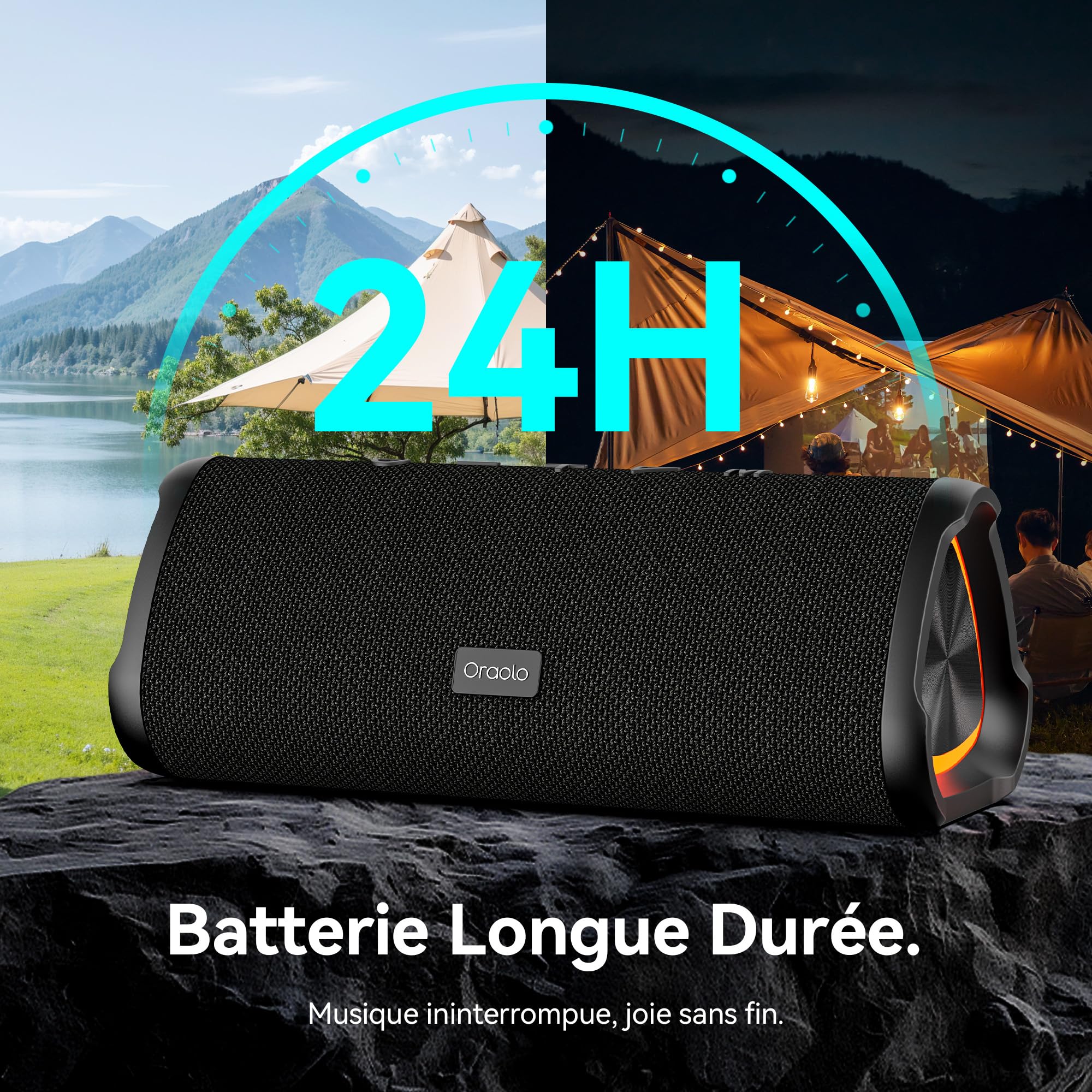 oraolo Enceintes Bluetooth 24W, Enceinte Bluetooth Portable 6.0, Bluetooth Speaker 30H Autonomie, Surround à 360 Degrés, Étanche IPX6, Appariage TWS, USB, RGB,AUX, TF Carte, Fêtes/Voyage/Extérieur
