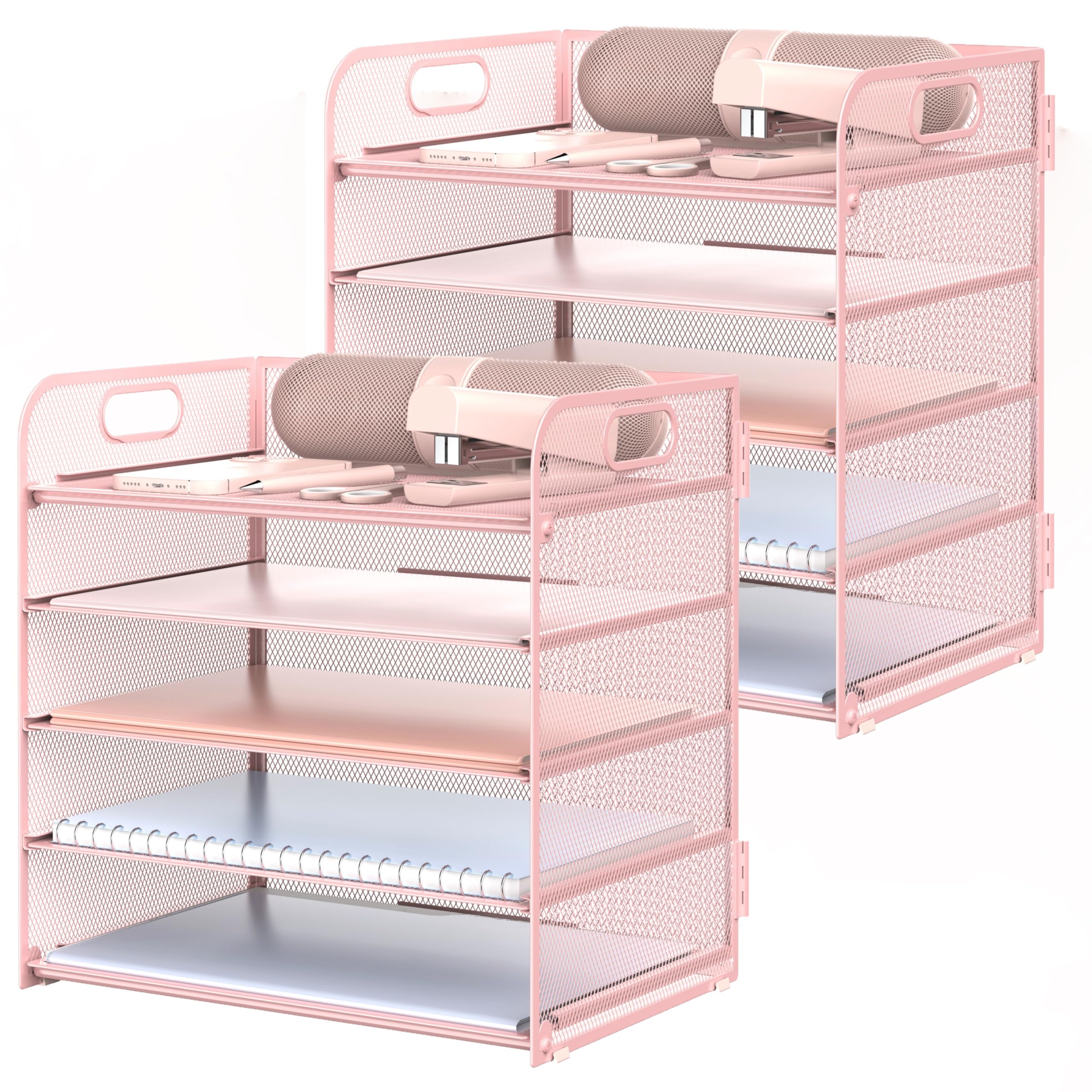 Photo 1 of 2 Pack Letter Tray 5-Tier Desk Organizer File Paper Holder with Handle, Metal Desktop Document Shelf Tray Office Classroom Organization - Pink