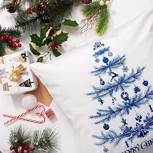Miniatura 4 de Whaline Funda de almohada de Feliz Navidad, color blanco y azul, con árbol de Navidad, reno, para casa, oficina, sofá, cama, decoración de fiesta de