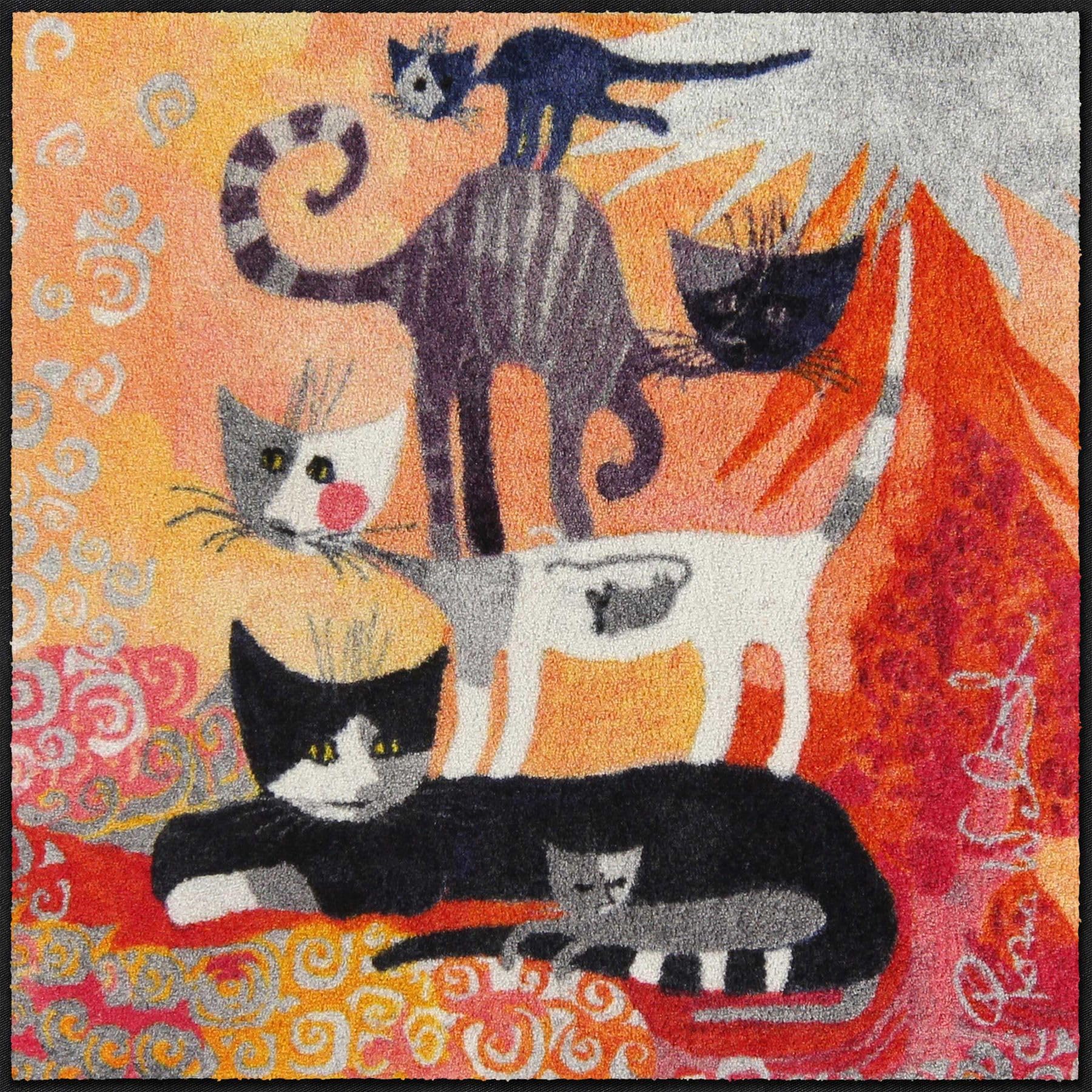 Efia Rosina Wachtmeister 85x85 cm Fußmatte außen innen Lifestyle Katzenturm Eingangs-Matte quadratisch Wohn-Teppich waschbar bunt Fußabtreter groß