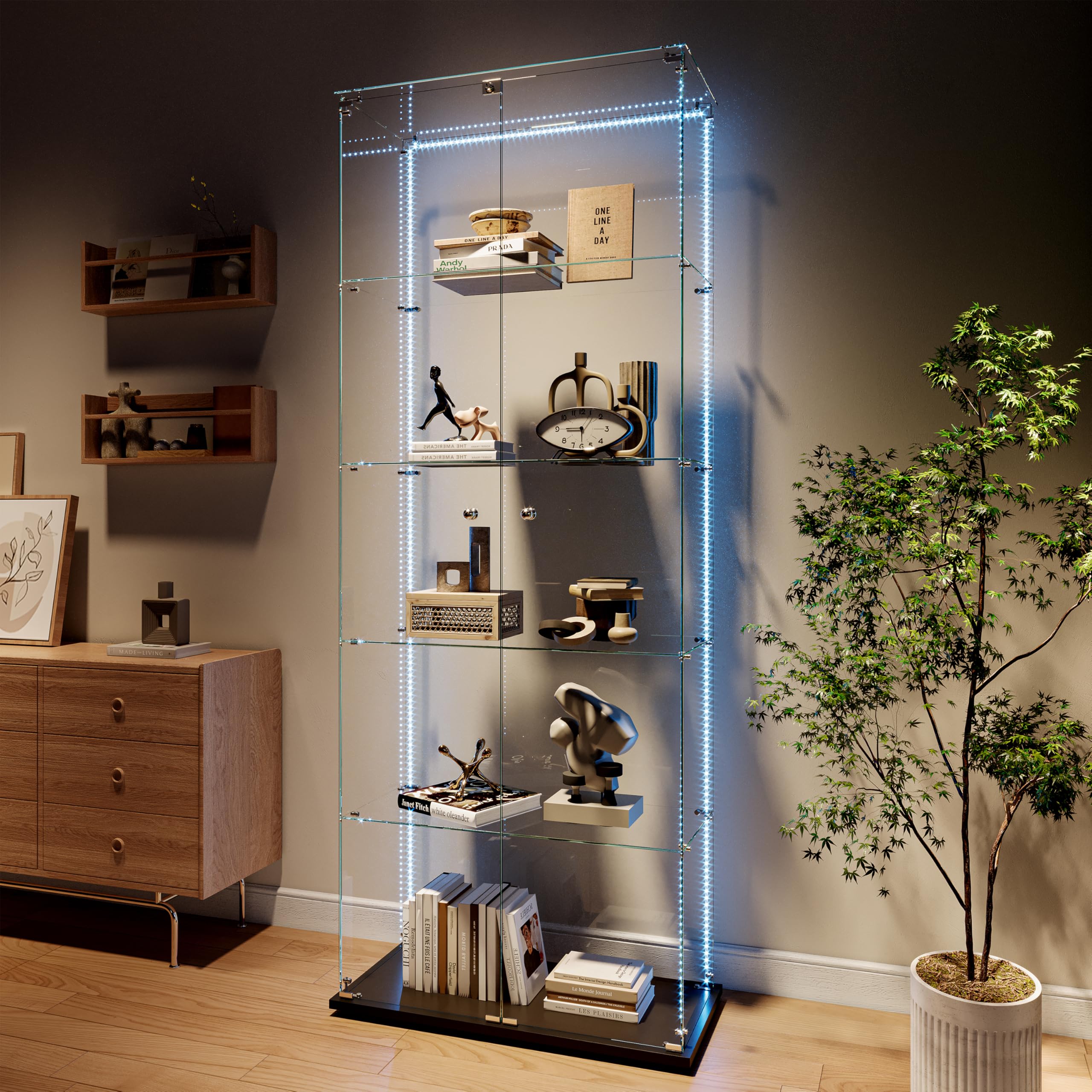 Vitrinas, vitrinas de cristal, armarios verticales de cristal, aptos para salones, dormitorios, oficinas (2 puertas, 5 pisos, negro + LED)