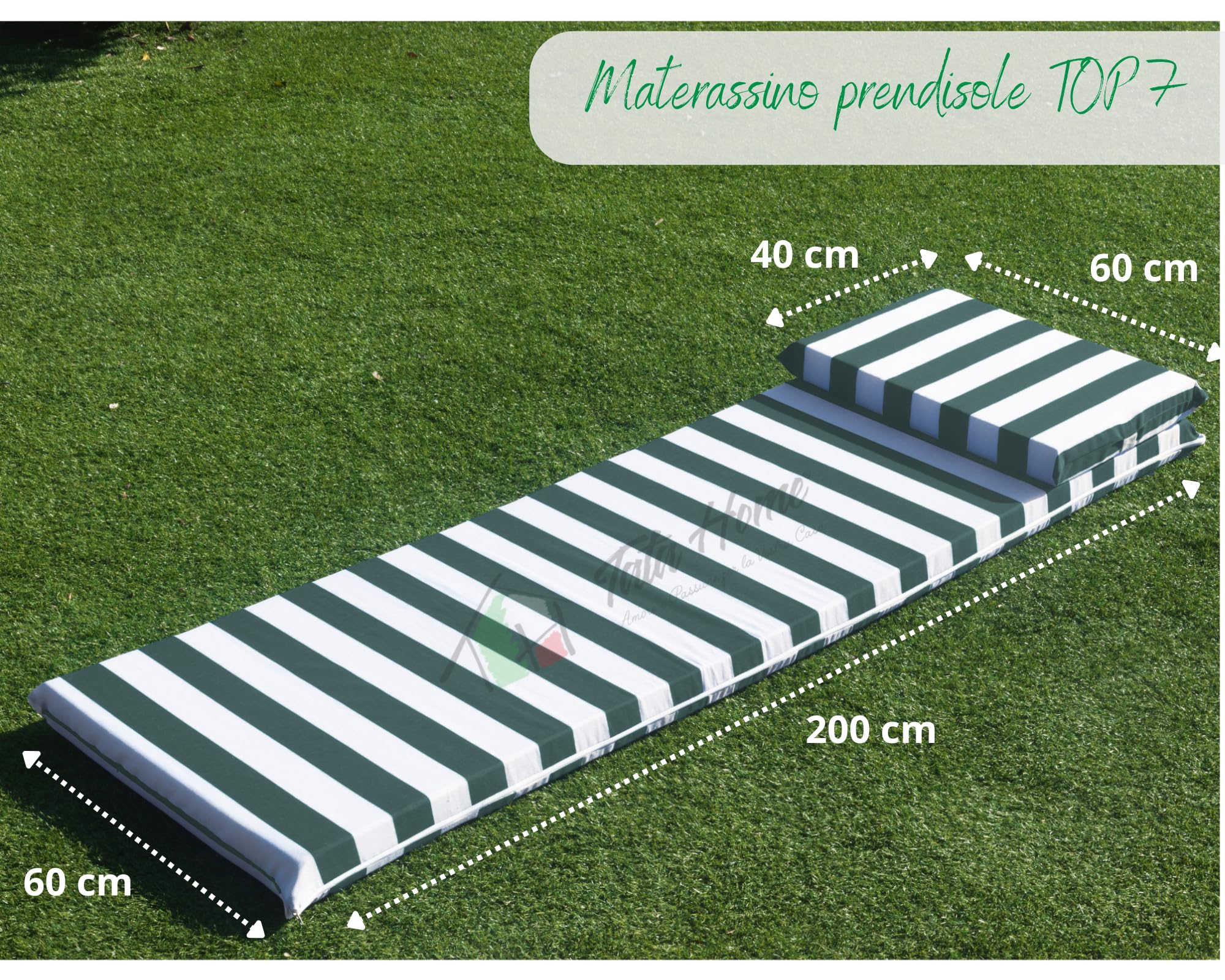 Tata Home Cuscino Per Lettino Prendisole Sfoderabile con Poggiatesta Materassino Prendisole Imbottito Con Laccetti Lavabile Misura 60x200 cm a Righe Made in Italy Mod. Top7 Colore Verde