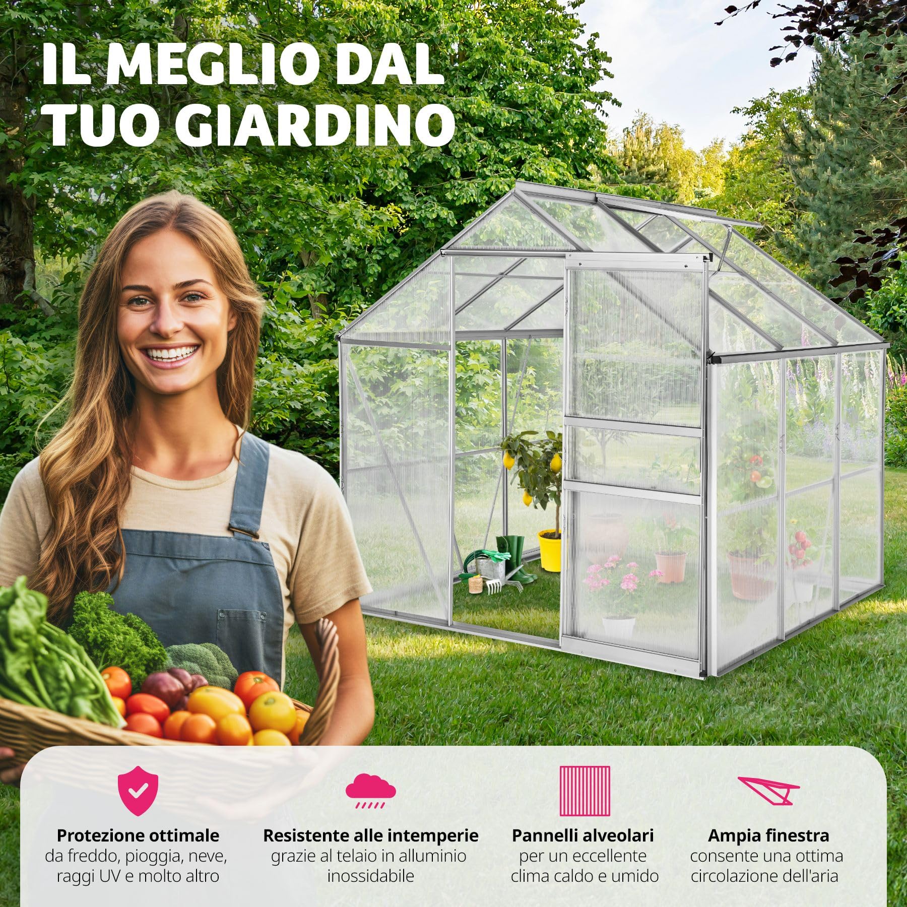 tectake® Serra da Giardino con Telaio in Alluminio Anodizzato, Serra per Orto con Lastre Alveolari Termoisolanti, Serra con Porta Scorrevole, Finestra a Tetto per Ventilazione - 190x185x195 cm
