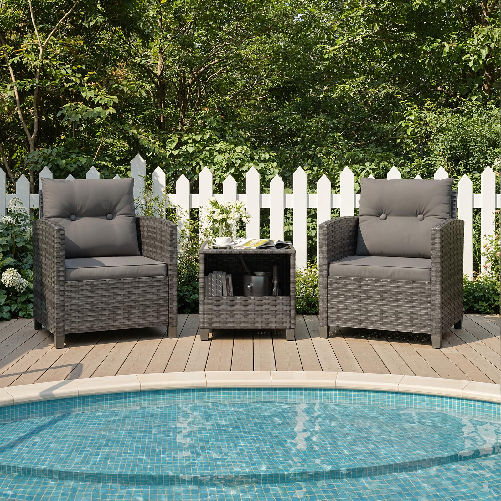 UDPATIO 3-Teiliges Rattan Gartenmöbel Set für 2 Personen, Balkonmöbel Set mit 2 Sesseln & Kaffeetisch, Outdoor Lounge Gartenmöbel Set für Garten, Poolbereich,Balkon & Terrasse (Grau-meliert)