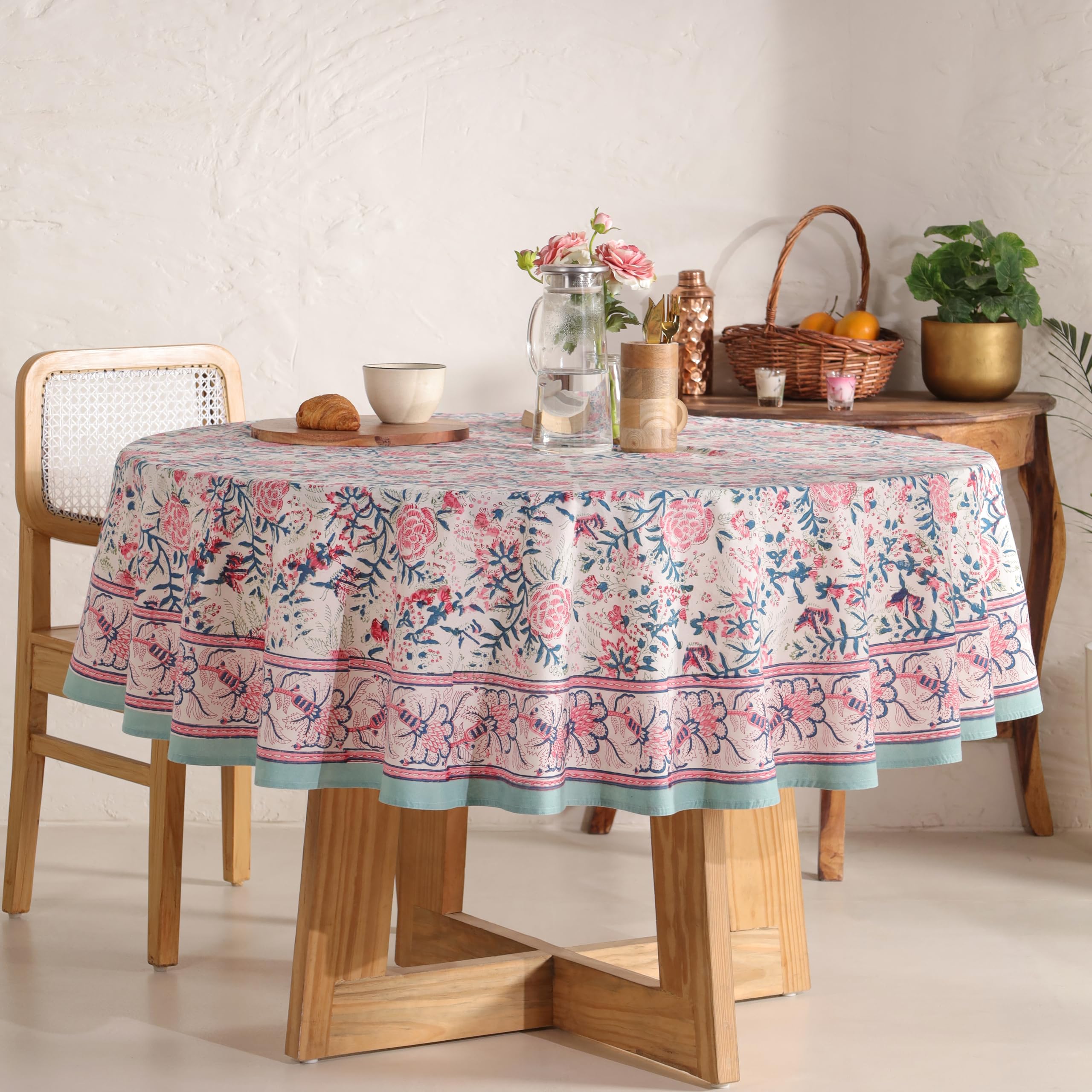 DecorAvenue Hand Block Printed Table Cover - Exquisite Design, Premium Cotton Fabric, Perfect for Dining and Decor, Dining Table Linen(Salmon Pink,6 Seater 72 Inches Round) — image 1