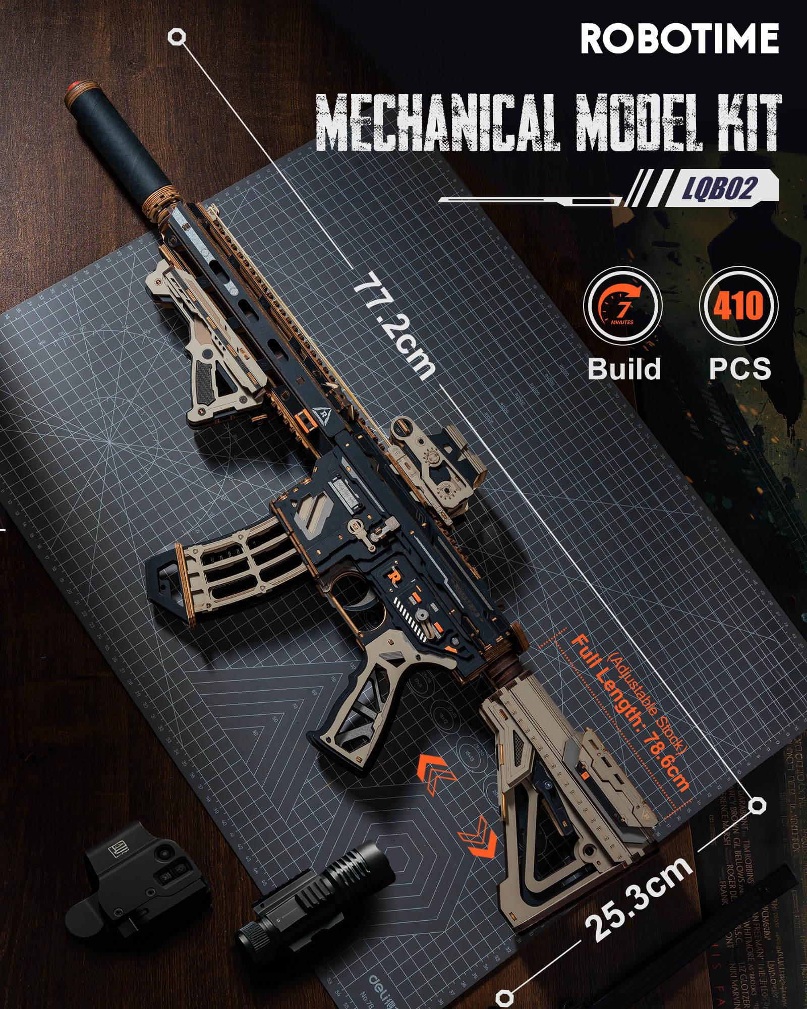 ROBOTIME Drewniane puzzle 3D M416 Model mechaniczny - Sci-Fi Tactical Engineering Kit dla dorosłych, zaawansowany model DIY, wciągająca dekoracja, LQB02 (piasek)