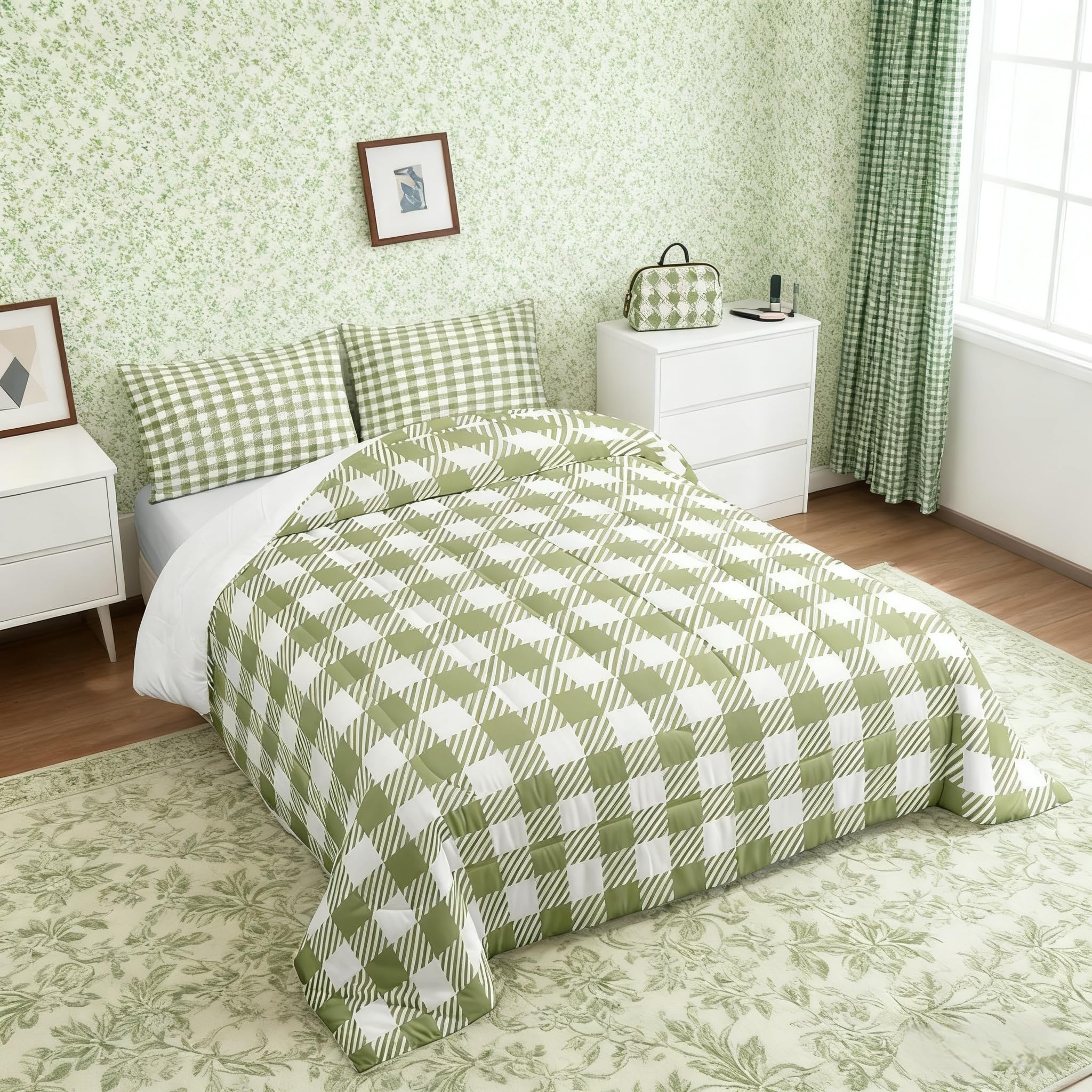 Parure de lit à carreaux verts : couette vichy lit double avec deux taies d'oreiller