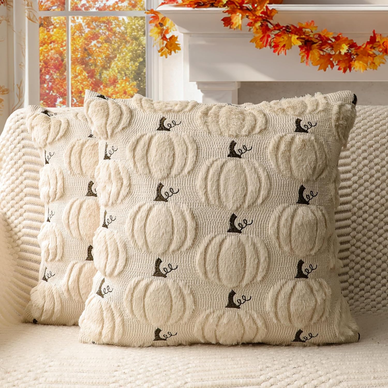 4TH Emotion Fall Pumpkin Decorative Pillow Covers 18×18 Set of 2, Beige Soft Plush Faux Fur Wool Farmhouse Throw Cushion Cases for Autumn Thanksgiving Holiday Home Decorations