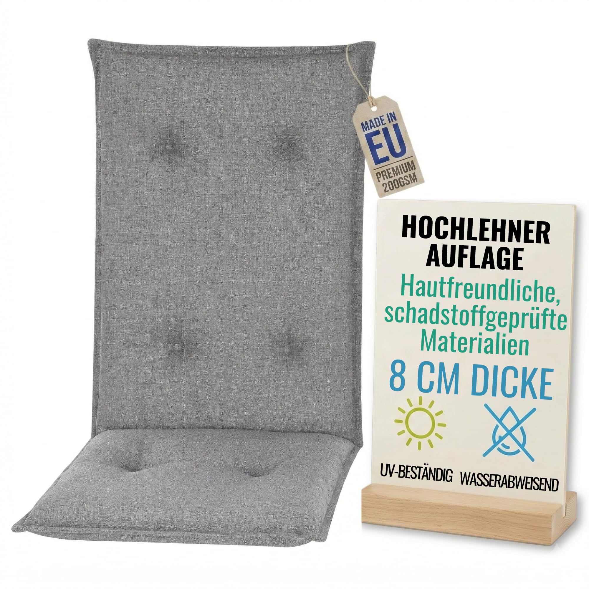 Pillows24 - Hochlehner Auflagen - 120x50cm – 8cm Dick - Premium-Material 200gsm, UV- & Wasserabweisend | Gesteppte Sitzauflagen Hochlehner | Gartenstuhlauflagen - Sitzauflagen Gartenmöbel | Dunkelgrau