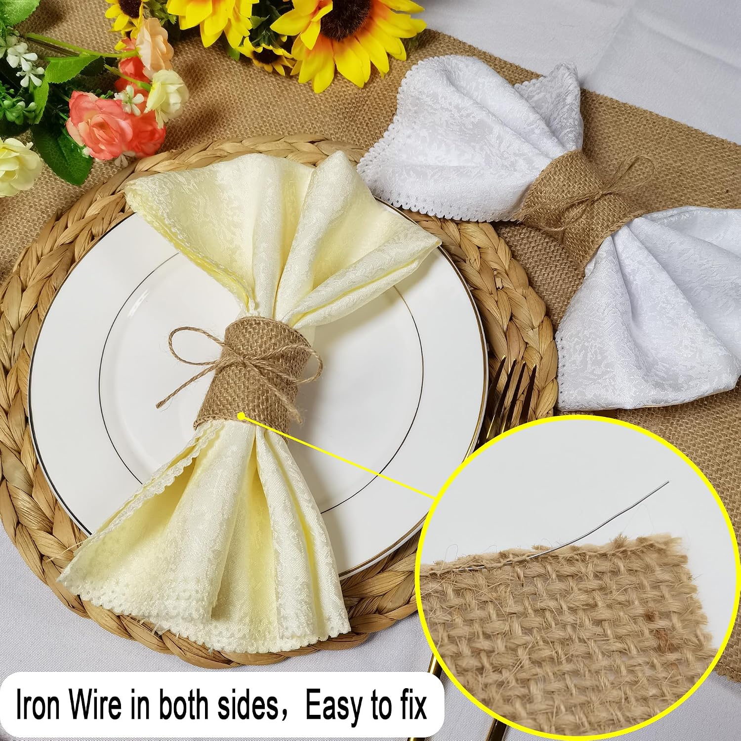 Natural Burlap Napkin Rings Set of 200 pcs with Jute Rope,Disposable Napkin Bands Bulk,Rustic Serviette Ring for Tables,Decorations,Wedding,Dinner,Country Party Decor