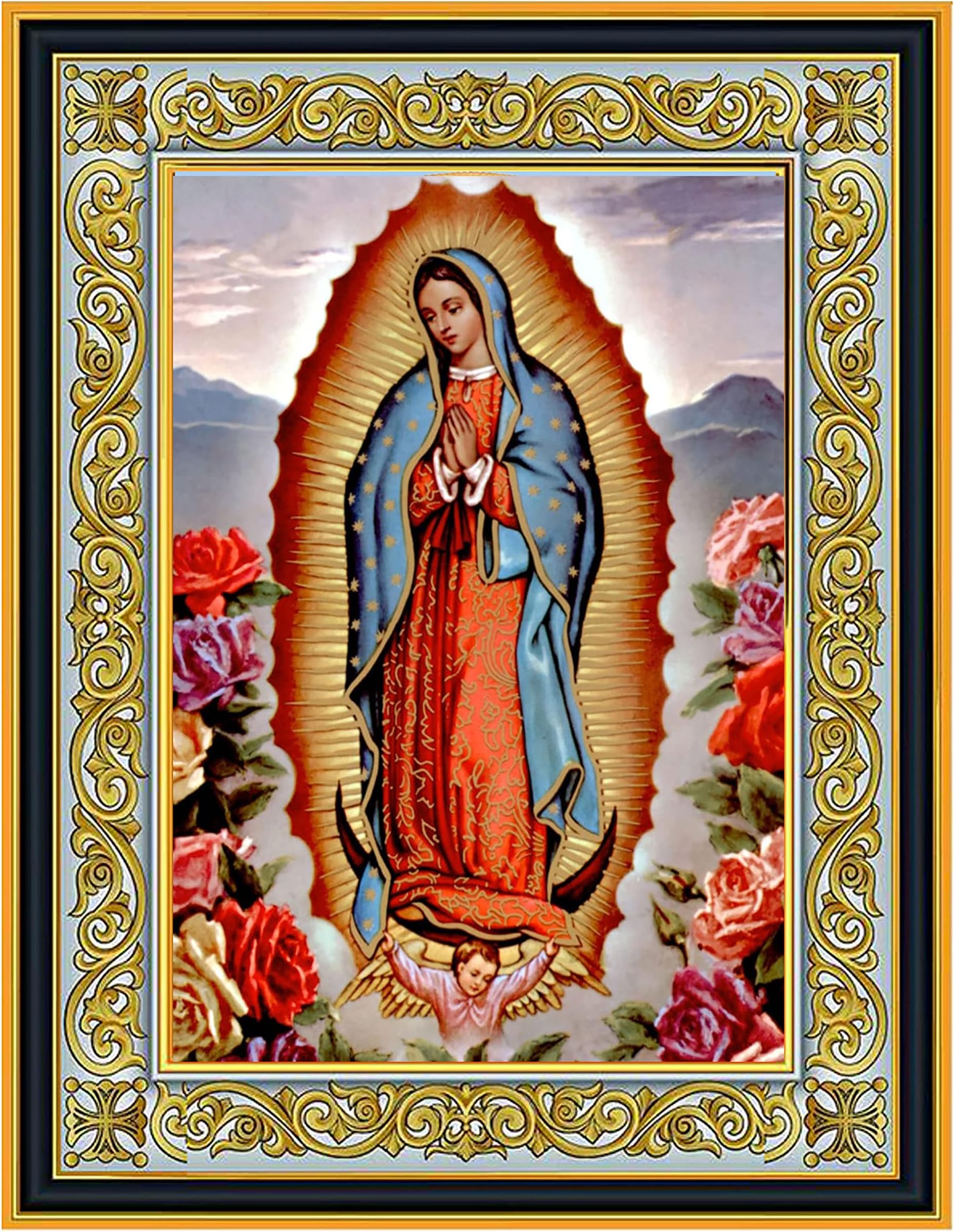 Our Lady of Guadalupe Icon in Wooden Ornate Frame, Gold Foil Icon, Framed, Comes With Stand for Standing and Hook For Hanging on Wall, Back Lined With Blue Velvet 8 1/16 Inch