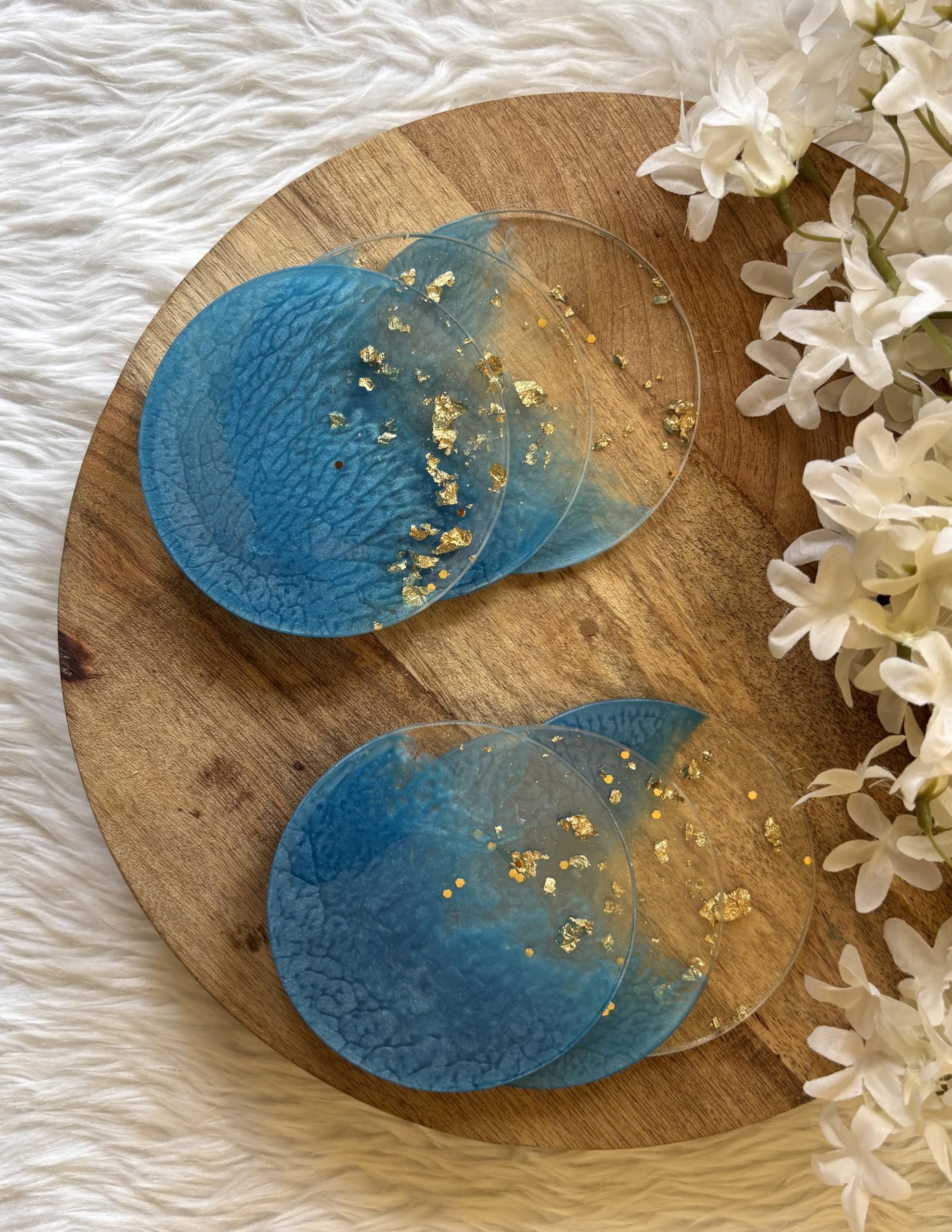 Handcrafted Resin Circle Coasters for Dining Table (4'' Diameter for Gifting (Birthdays,Anniversaries,Weddings),Enhancing Home Decor,Gifts,and Special Occasions Set of 6 (Blue)