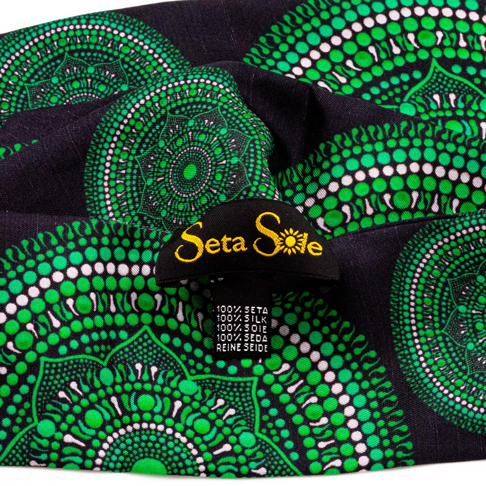 Twilly, 100% jedwab, wyprodukowano we Włoszech, ręcznie rysowana mandala - Twilly 7,5 x 1000 cm - elegancka chusta na głowę, akcesoria do torebek, włosów i nadgarstków, rękodzieło z jeziora