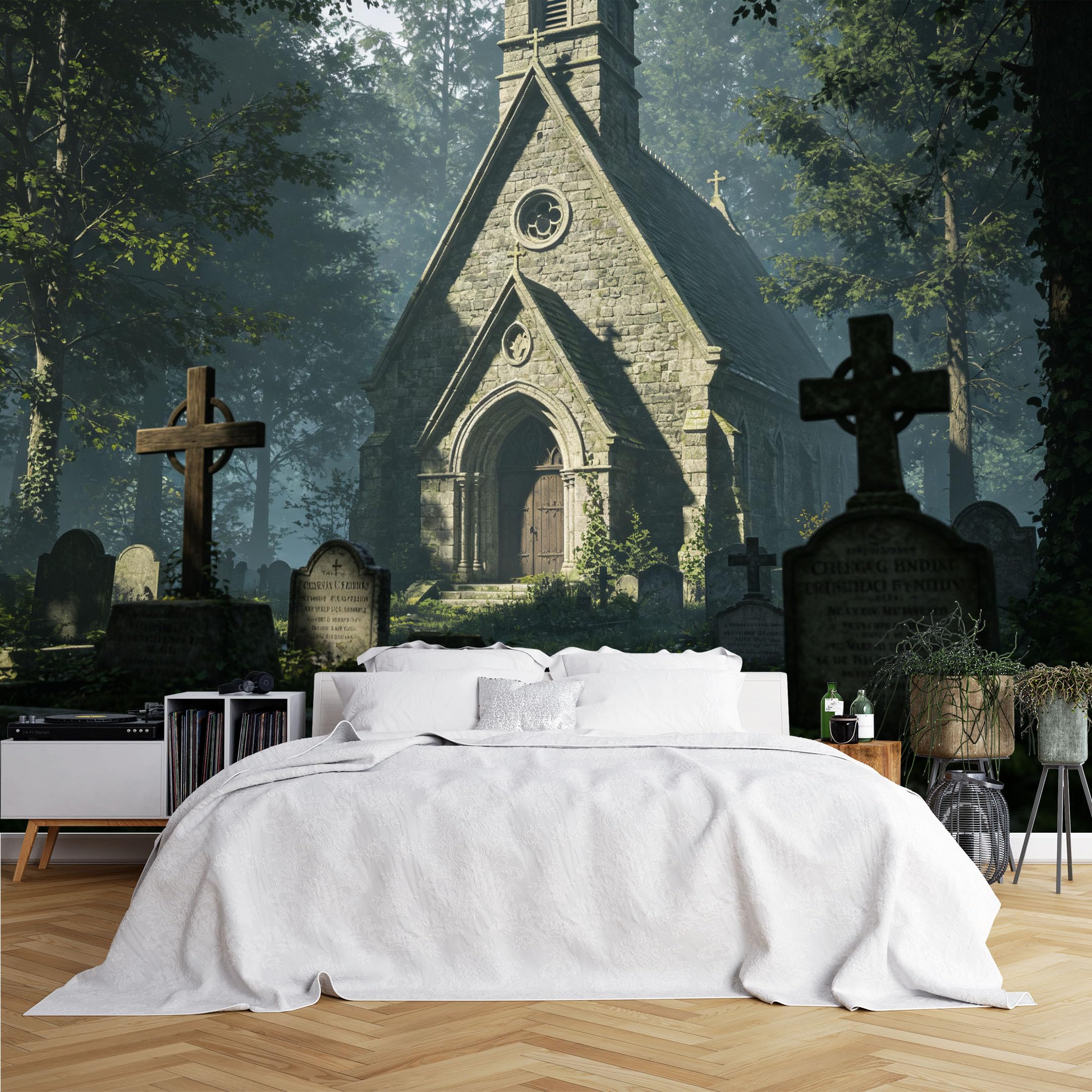 Lcythiazole Ch260615019 Custom Size Wall Murals Foggy Forest Church Graveyard Tombstone Wall Murals Hd Wallpaper Self-Adhesive Removable Wallpaper For Gothic Study Bar Room