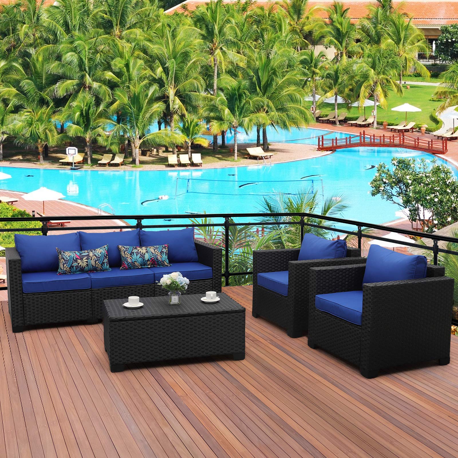 4 Pieces Patio PE Wicker Furniture Set Resin Rattan Outdoor Conversation Sofa Sets Sectional