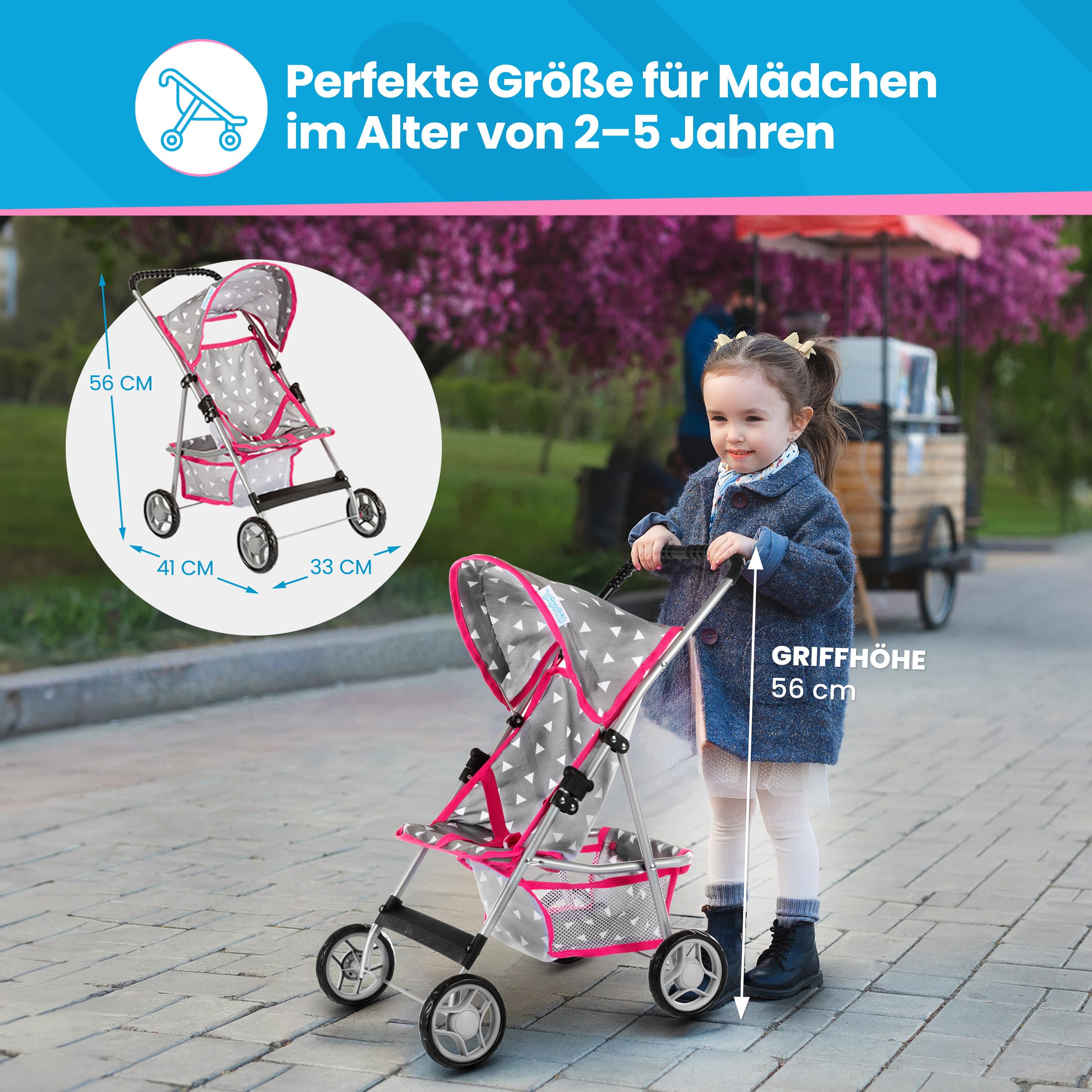 Kinderplay Wózek dla lalek, wózek dziecięcy, wózek dla lalek, wózek z pasem bezpieczeństwa i siatką na zakupy – zabawka dla niemowląt, nowoczesne, lekko obracające się kółka i miękka rękojeść, KP0280S