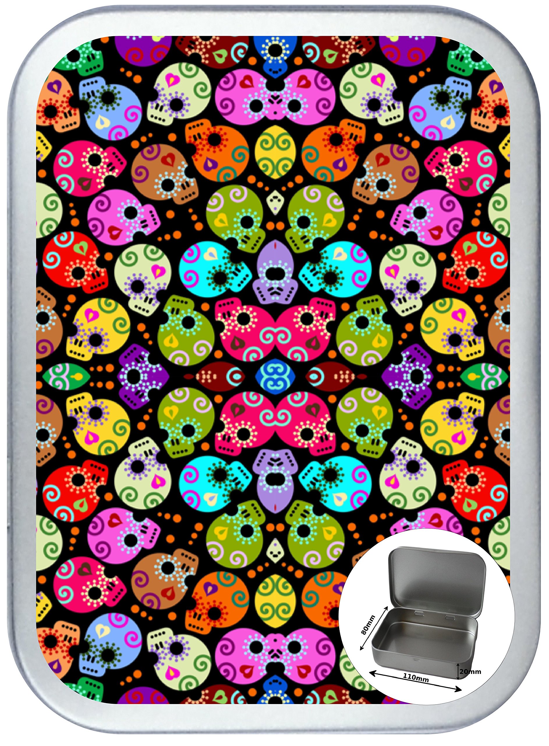 Candy Skull Pattern 150ml 2oz Silver Hinged Tobacco Tin Pill