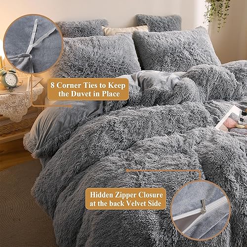 Miniatura 6 de XeGe juego de funda de edredón de terciopelo de lujo ultrasuave, juego de cama de 2piezas, 1funda de edredón de piel sintética y 1funda de almohada