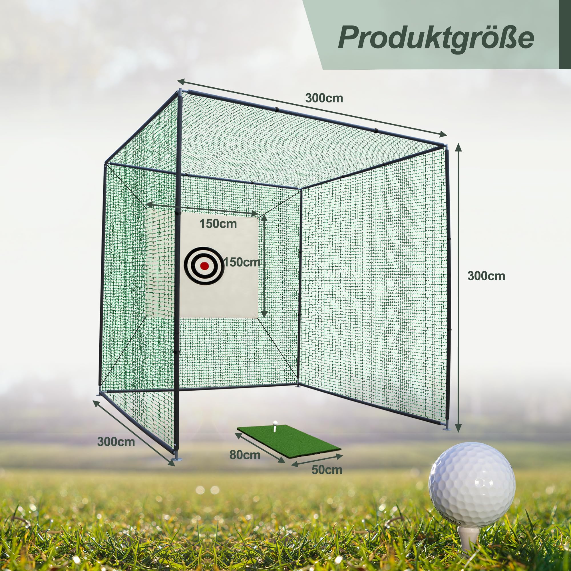 Thanaddo Golfkäfignetz 3m Freistehend Übungskäfignetz, Golfnetz Übunskäfig mit Ziel-Tuch und Übungsmattte