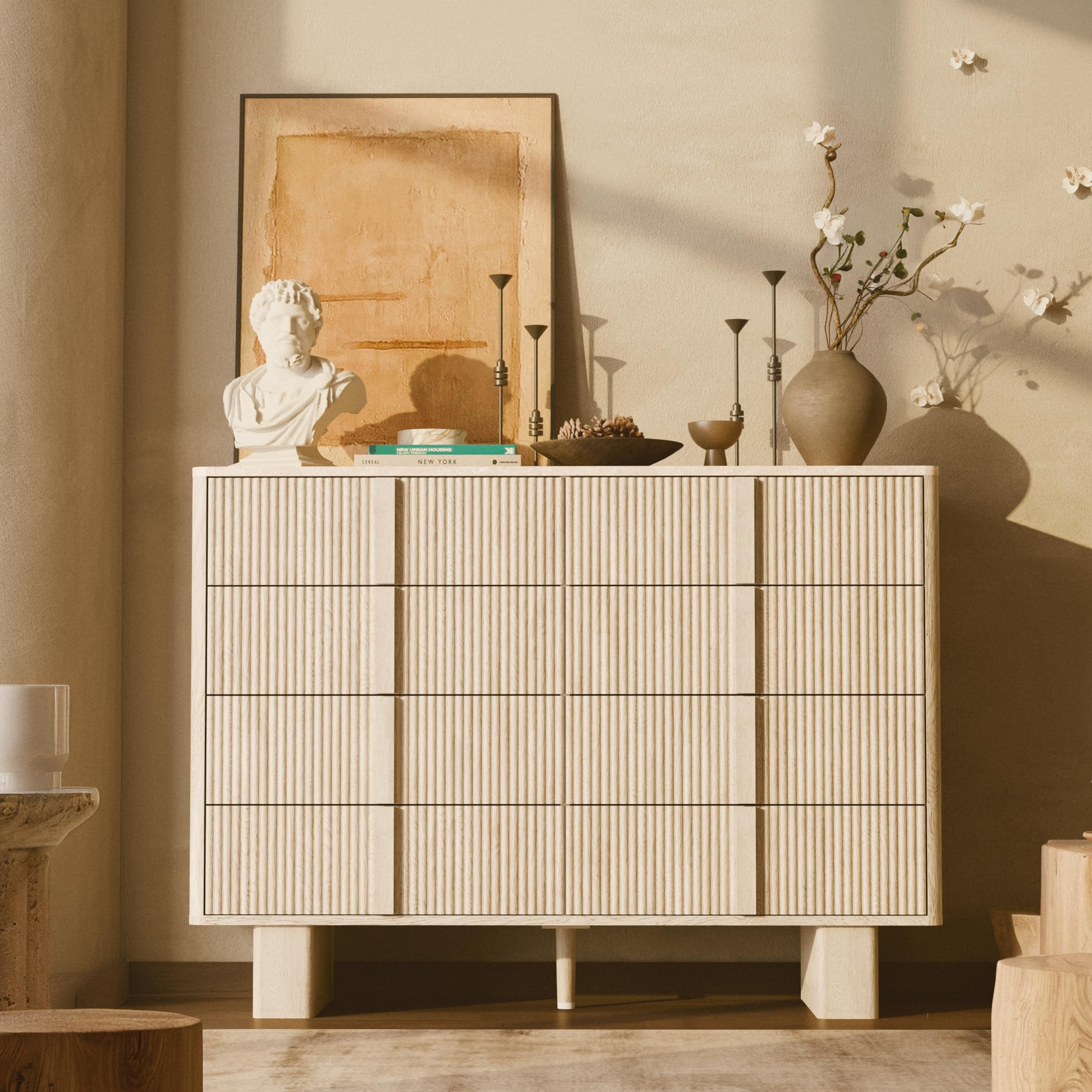 Fluted Dresser for Bedroom with 8 Drawers, 47" Wide Modern Chest of Drawers with Wooden Handle, Wooden Dresser TV Stand, Wood Closet Clothes Storage