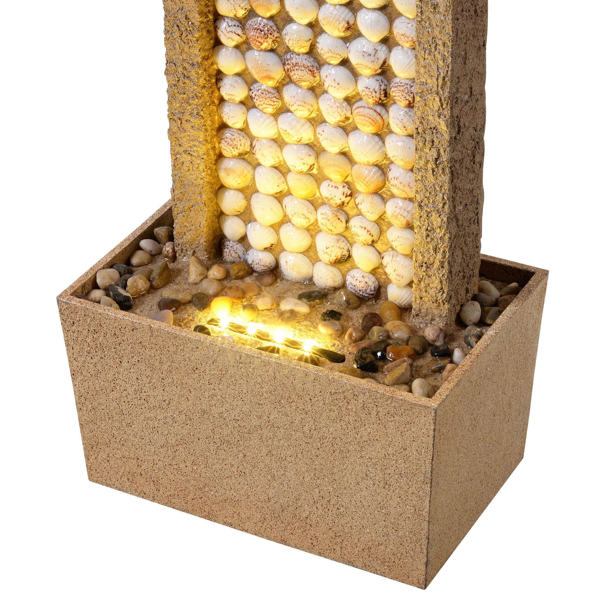 Teamson Home Garten Outdoor Brunnen Hoher Wasserfall mit warmen LED-Lichtern, Coastal Seashell Design, Robustes Polyresin, braunes Finish