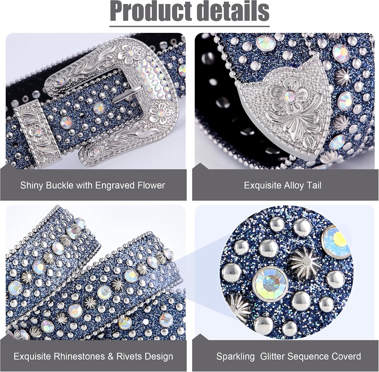 FIORETTO Men Women Rhinestone Belt Bling Western Studded Leather Belt Shining Diamond Waist Belt for Cowgirl Cowboy Jeans