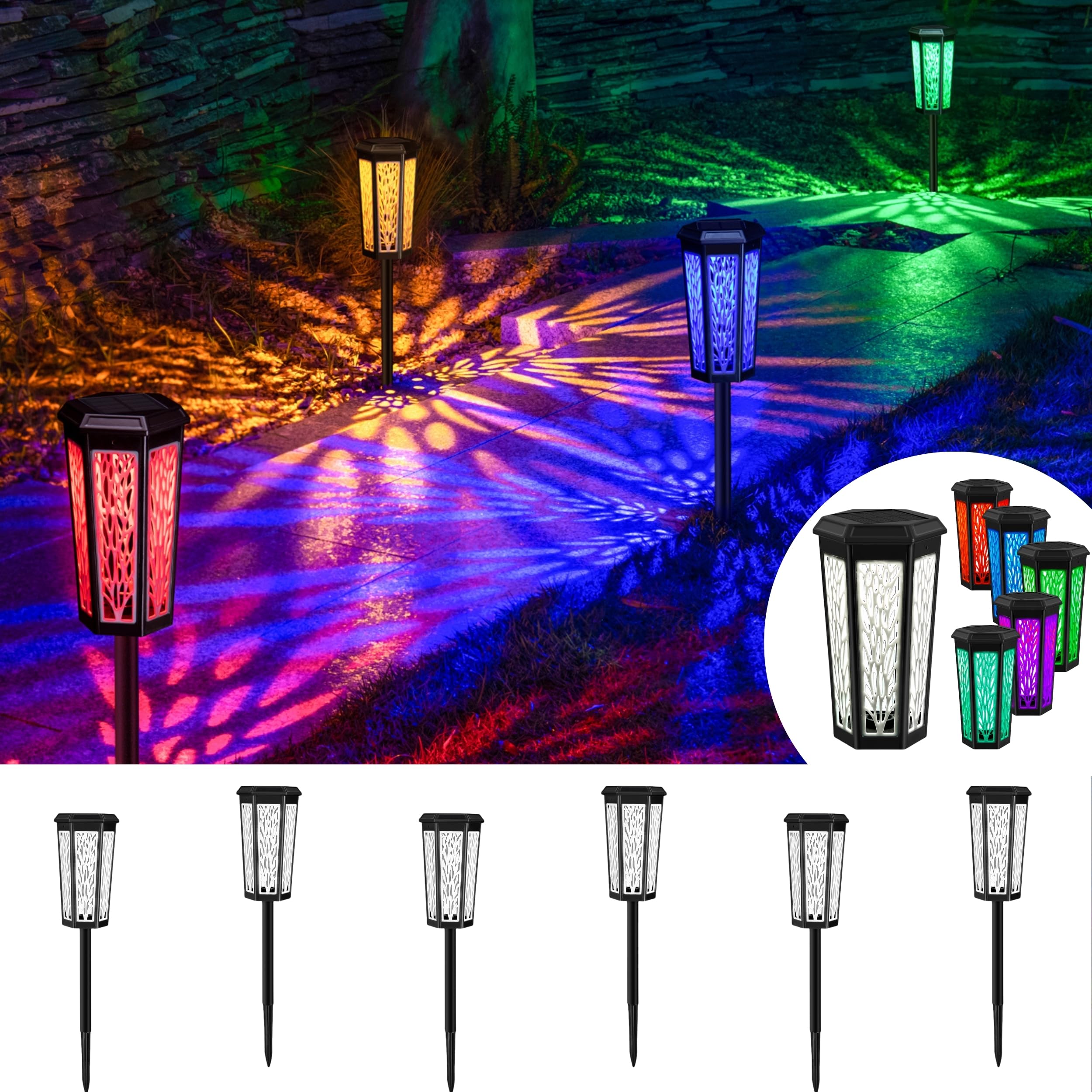 Solar Lights Outdoor, 6 Pack, Waterproof, Color Changing Pathway Lights, for for Garden, Pathway, Patio, Walkway, Lawn Home, Parties, and Holidays (WHITE & RGB)