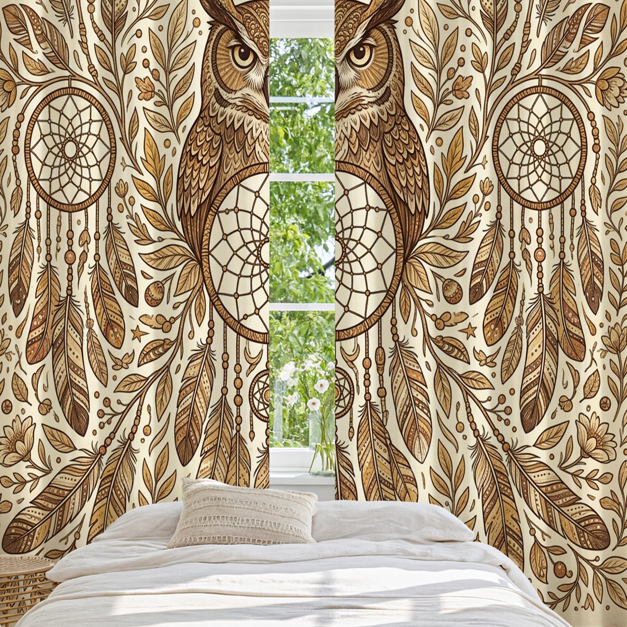 Eulenverdunkelungsvorhänge, böhmische Natur-inspirierte Traumfänger, Federn, braun, maschinenwaschbar, Ösenvorhänge für Schlafzimmer und Wohnzimmer, Fensterdekoration, 132 x 244 cm