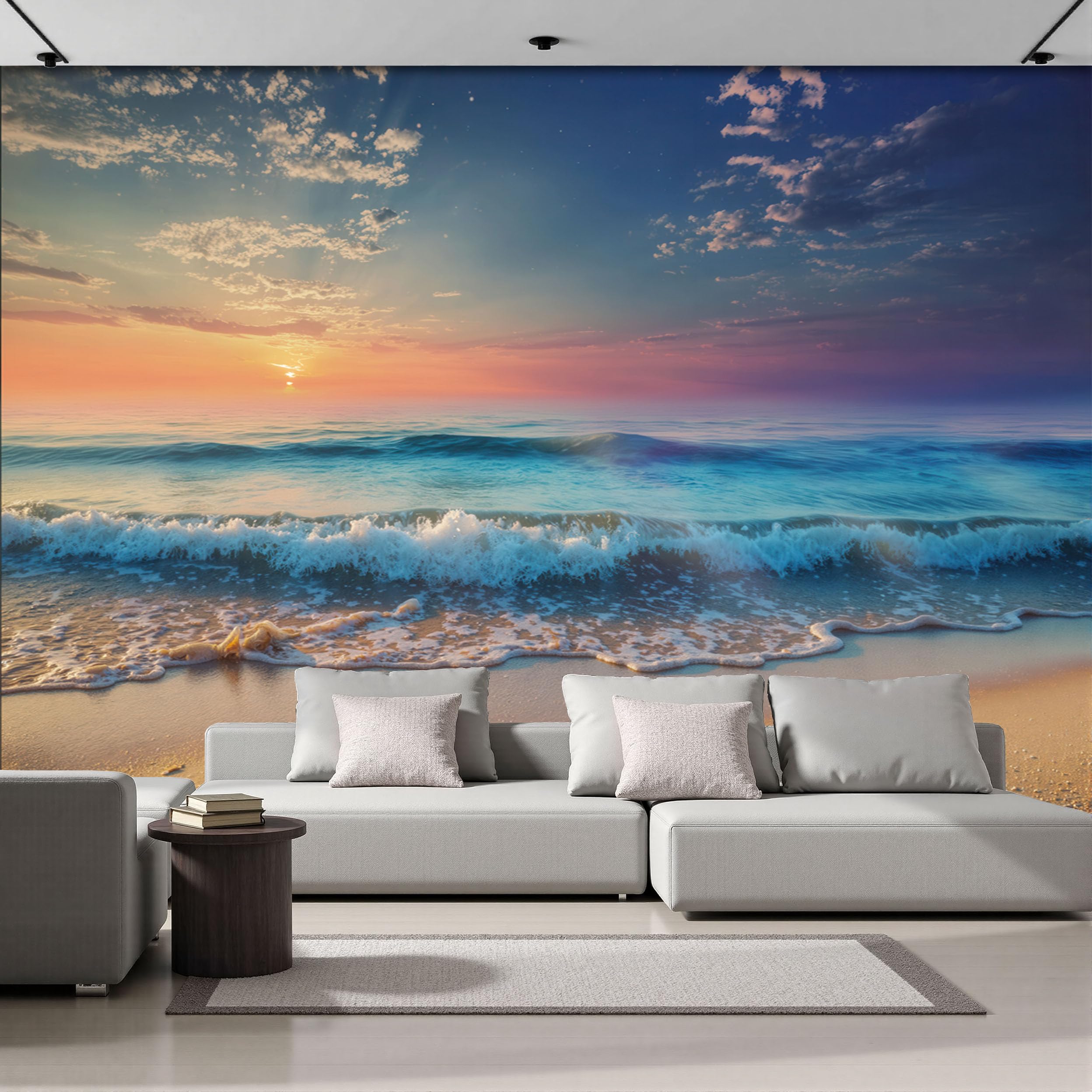 Papier peint panoramique pour agrandir une pièce sombre avec un paysage de coucher de soleil