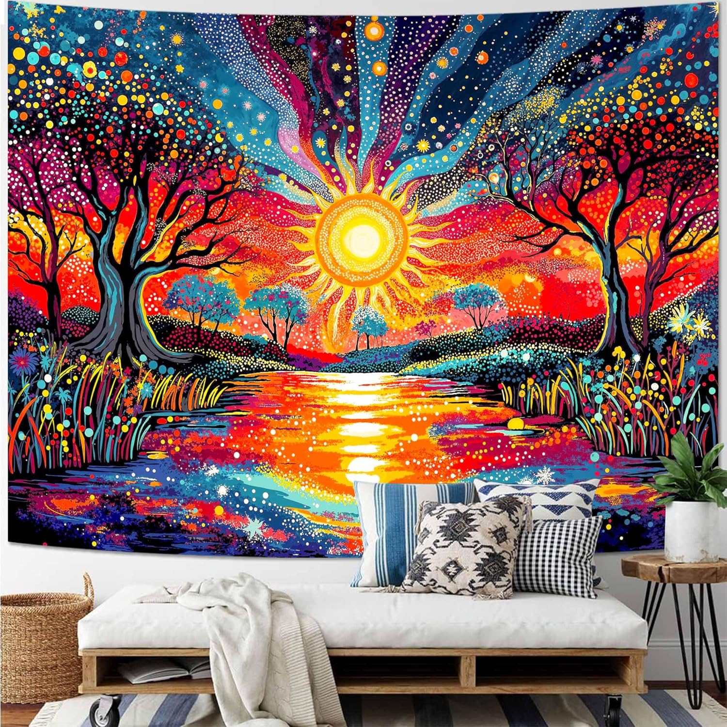 Kanuyee Abstract Sunrise Mountain Tapestry, Vibrant Sky Landscape Tapestries for Wall Decor, Colorful Tapestry 90x70 Inch