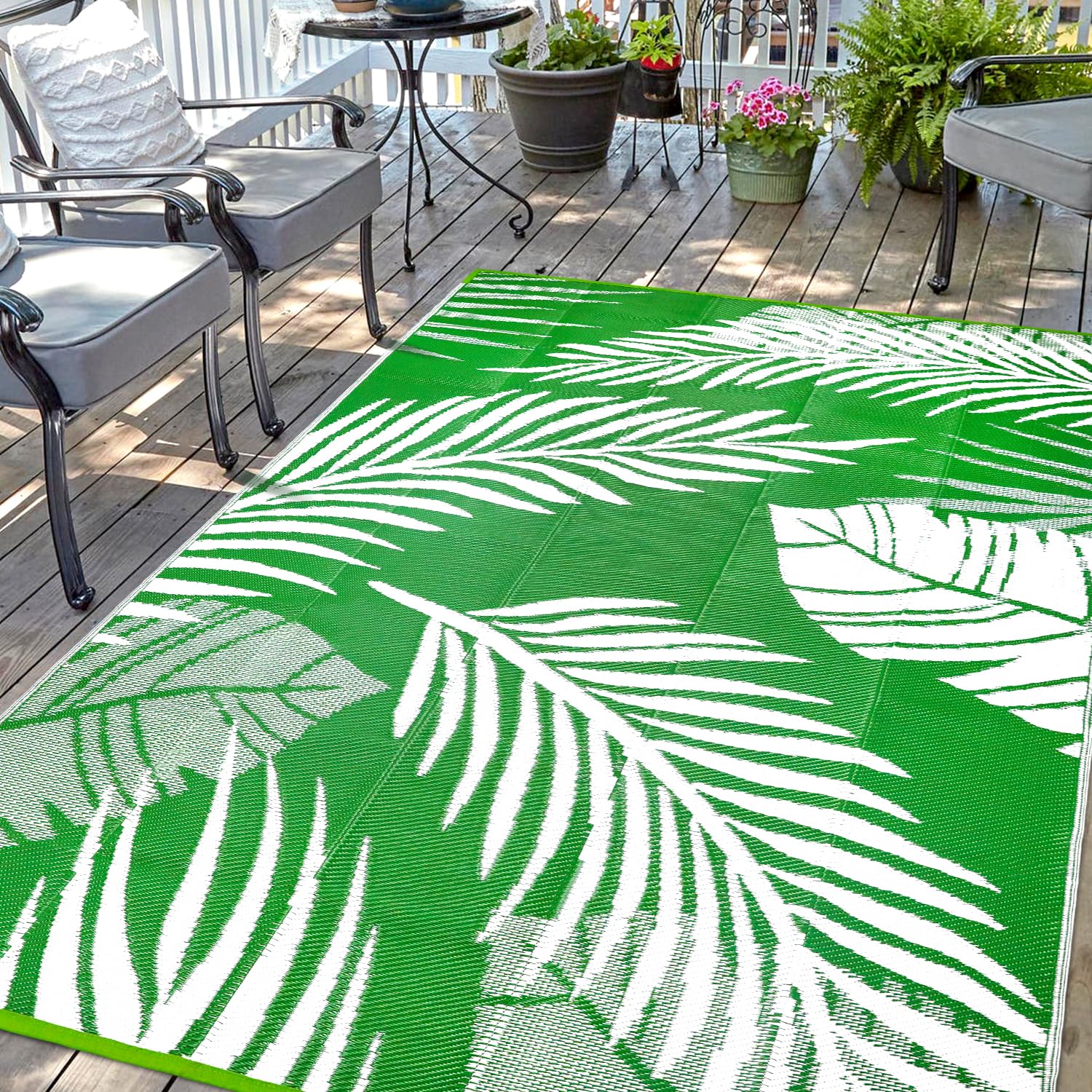 Waterproof Outdoor Rug 8x10ft, Green Leaf Reversible Plastic Straw Mat for Patio RV Deck Porch Backyard Balcony Camping Picnic Beach Indoor Outdoor