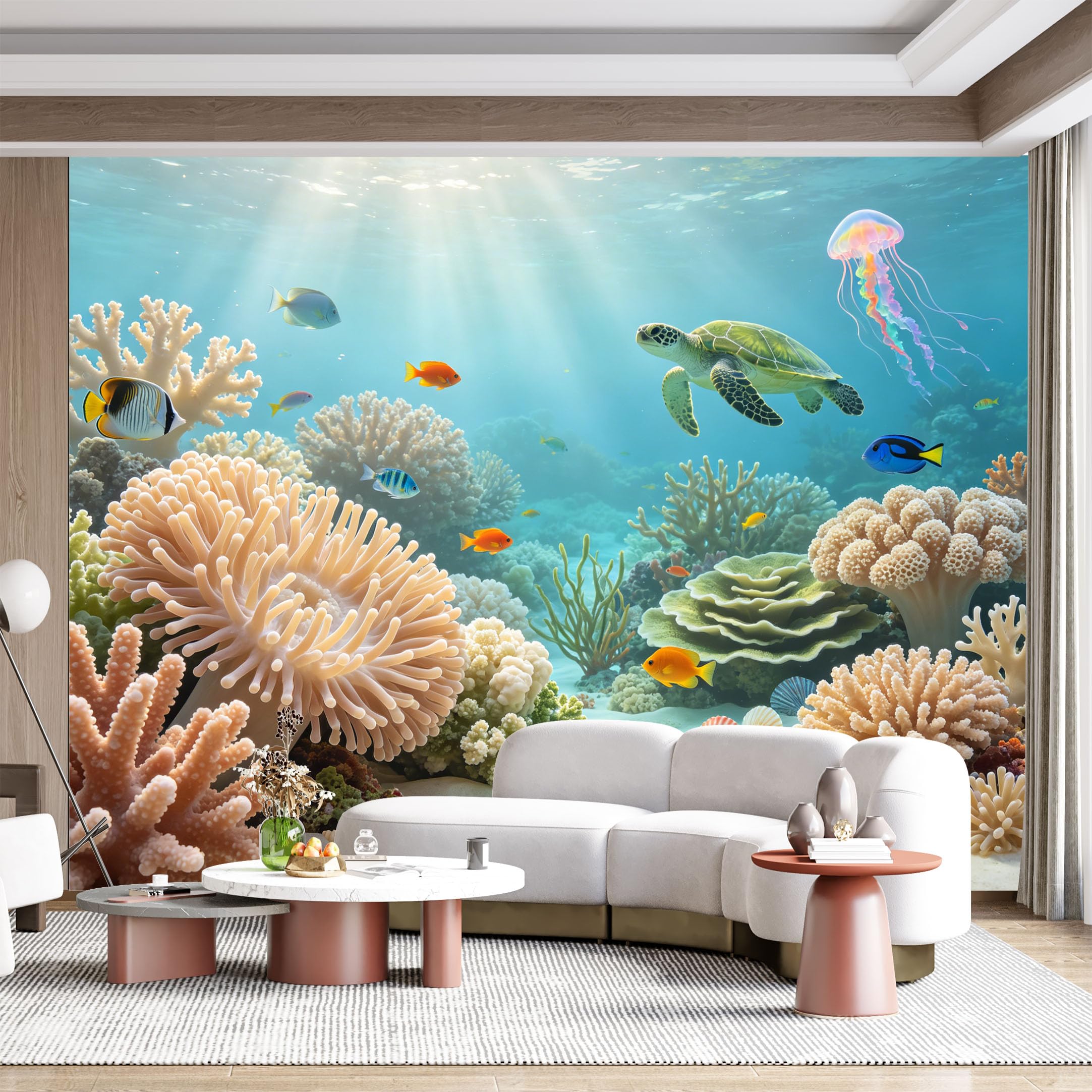Custom Size Wall Mural Ocean Life Sea Turtle Coral Reef Fish Jellyfish Underwater Scenery SelfAdhesive Wall Fabric Removable for Home Office Decor