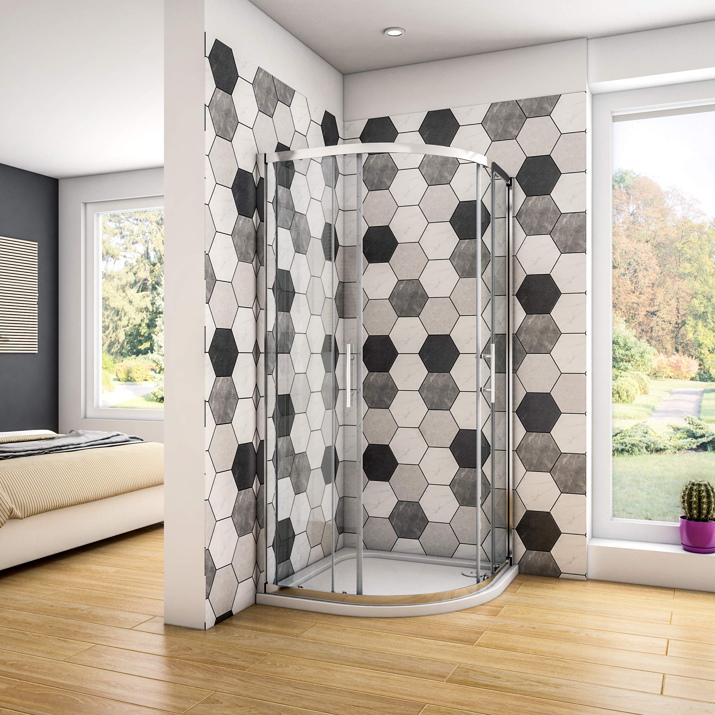 Box Doccia Semicircolare alto 185 cm Porta Apertura Vetro 6mm 80x80 cm | Trasparente Anticalcare, Temperato, Vetro, Profilo Cromo, Scorrevole