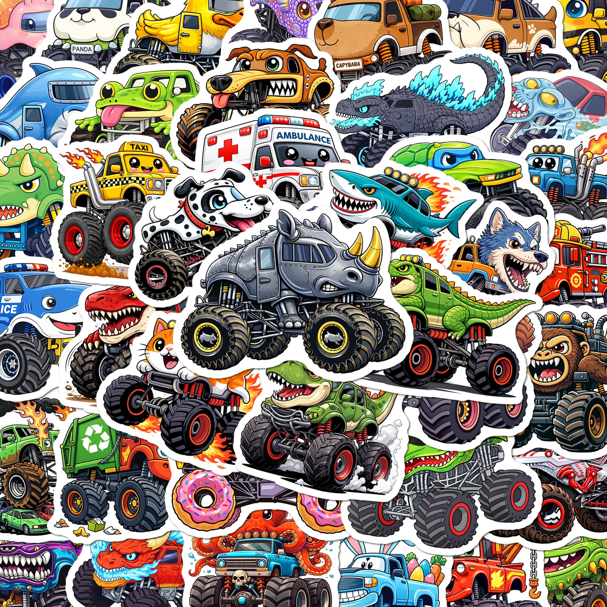 BEATRI Monster Truck Stickers 50Pcs Waterproof Vinyl Truck Animals Decor
